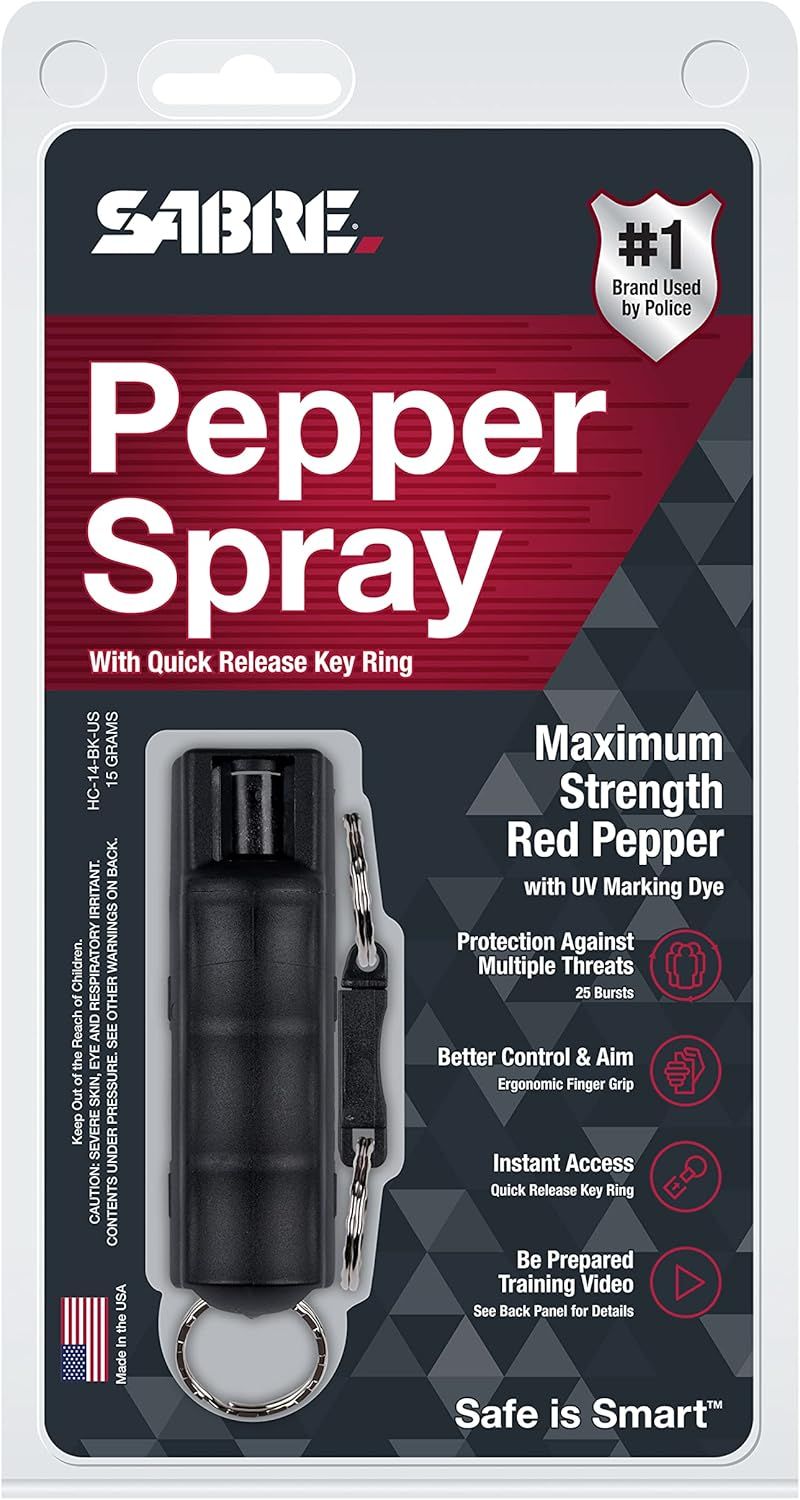 Communicates multiple distinct benefits of the pepper spray in a segmented layout with icons, highlighting its strength, protection capability, ergonomic design, quick access feature, and training…