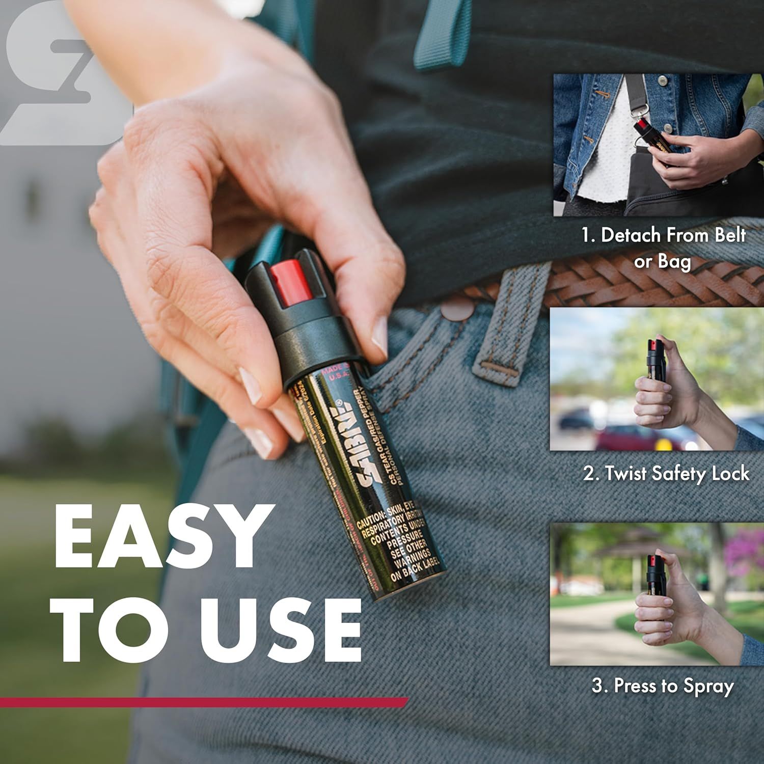 Demonstrates the simple three-step process for using the pepper spray: detach from belt, twist safety lock, and press to spray. Reassures shoppers that the product is easy to operate in emergency…