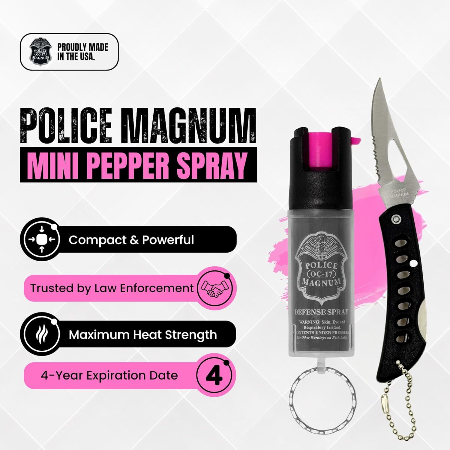 Communicates multiple key selling benefits of the pepper spray in a segmented layout to reassure shoppers of its effectiveness, credibility, strength, and longevity.