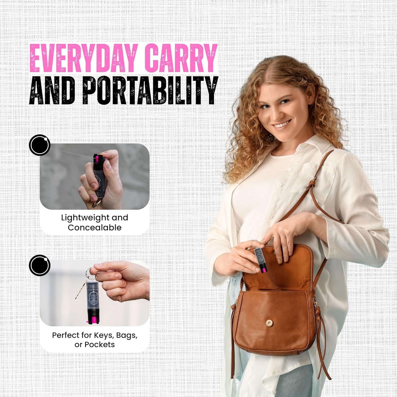 Communicates multiple benefits of the product's portability and everyday carry convenience through visually segmented callouts showing its compact size and ease of carrying.