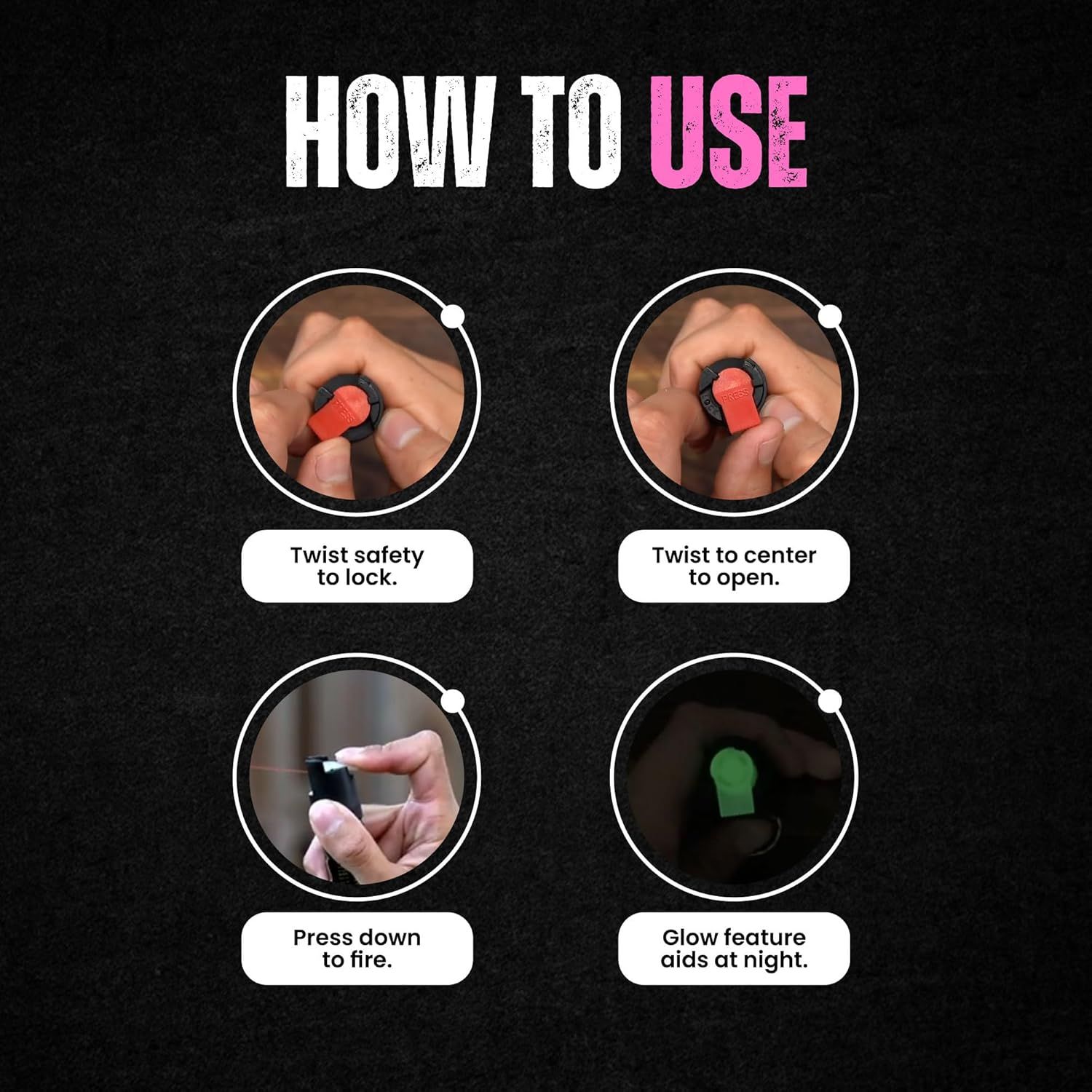 Provides step-by-step instructions on how to safely operate the product, including locking, opening, firing, and using the glow feature for nighttime visibility. Highlights multiple distinct product…