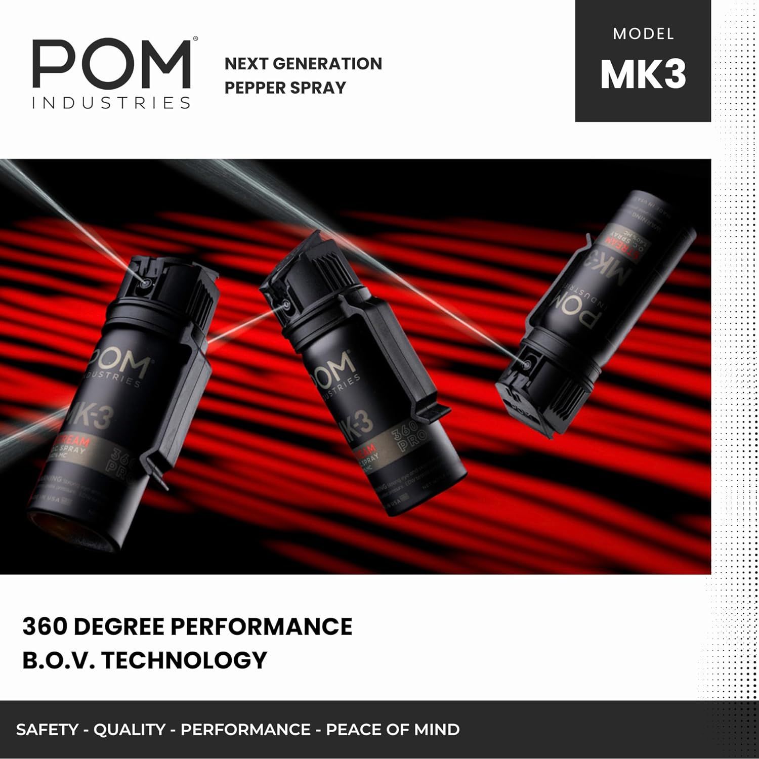 Highlights the product's 360-degree spray capability and B.O.V. (Bag-On-Valve) technology to communicate superior performance and reliability in any orientation.