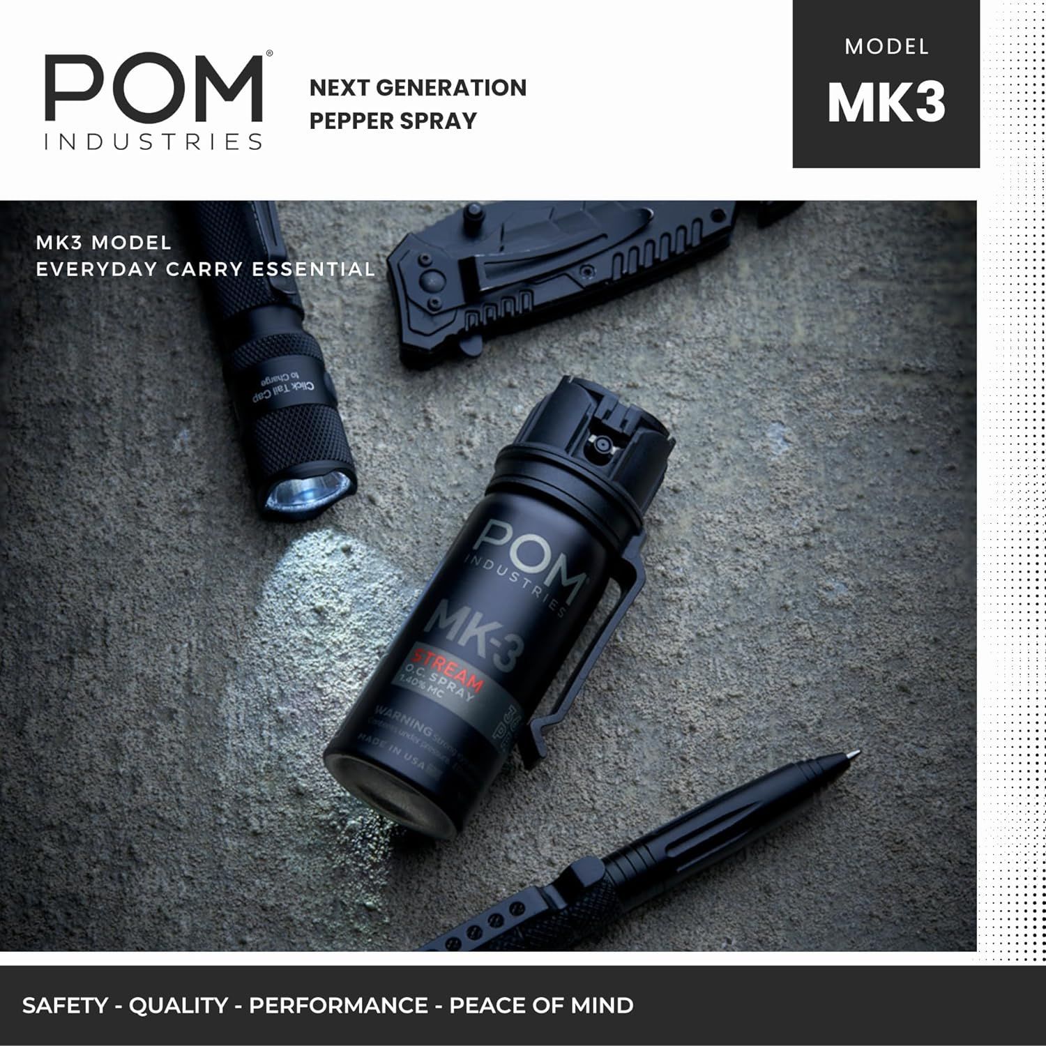 Showcases the POM Industries brand and the MK3 model pepper spray as part of their everyday carry product line, building brand recognition and positioning the product within their portfolio.
