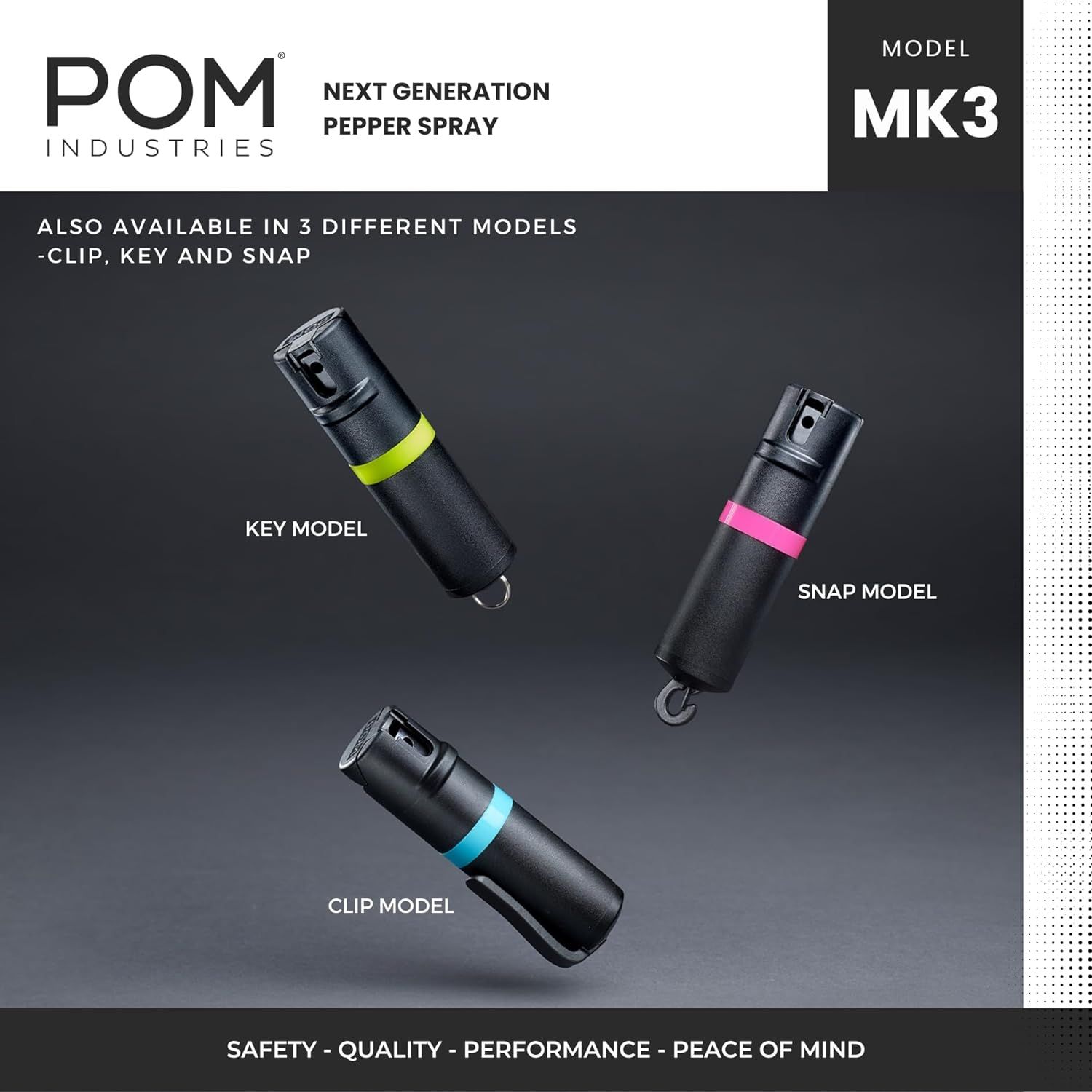 Showcases the brand's product lineup by displaying three different carrying models (Clip, Key, and Snap) of the MK3 pepper spray, helping shoppers understand the available options within the product…
