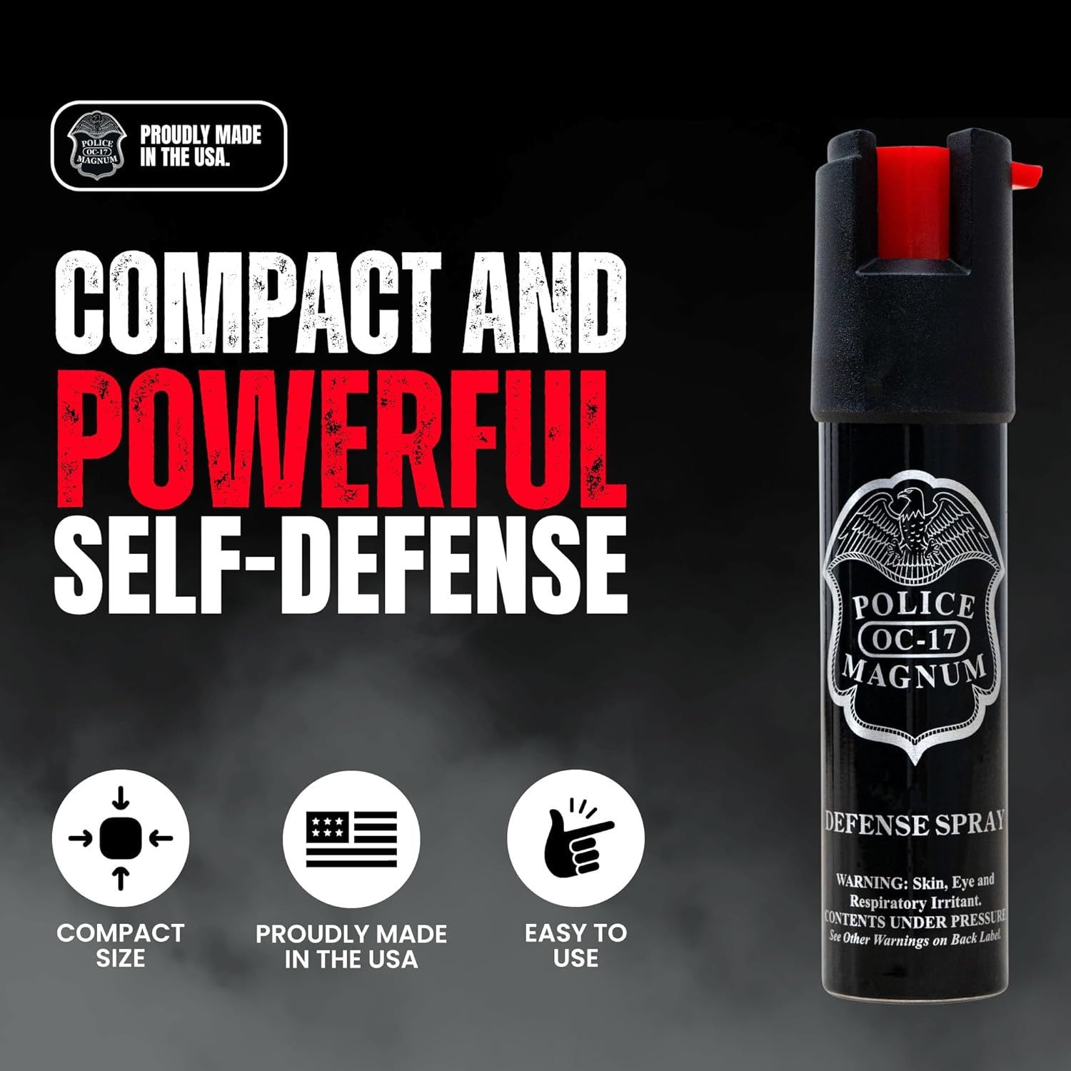 Communicates three distinct selling benefits of the pepper spray in a segmented layout: its compact portability, American manufacturing, and ease of use for self-defense.