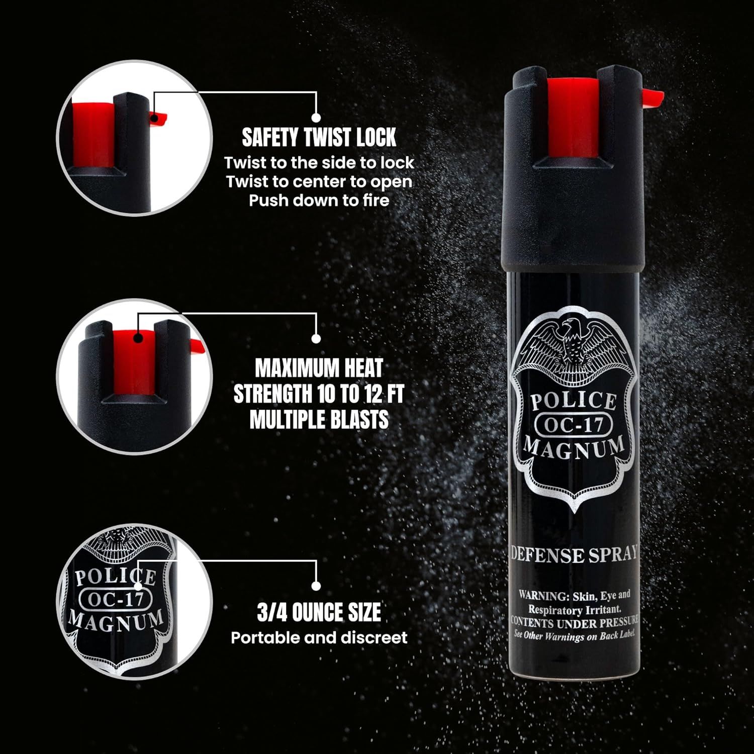 Breaks down the key physical features and functional components of the defense spray, including the safety lock mechanism, spray strength and range, and compact size to help shoppers understand how…