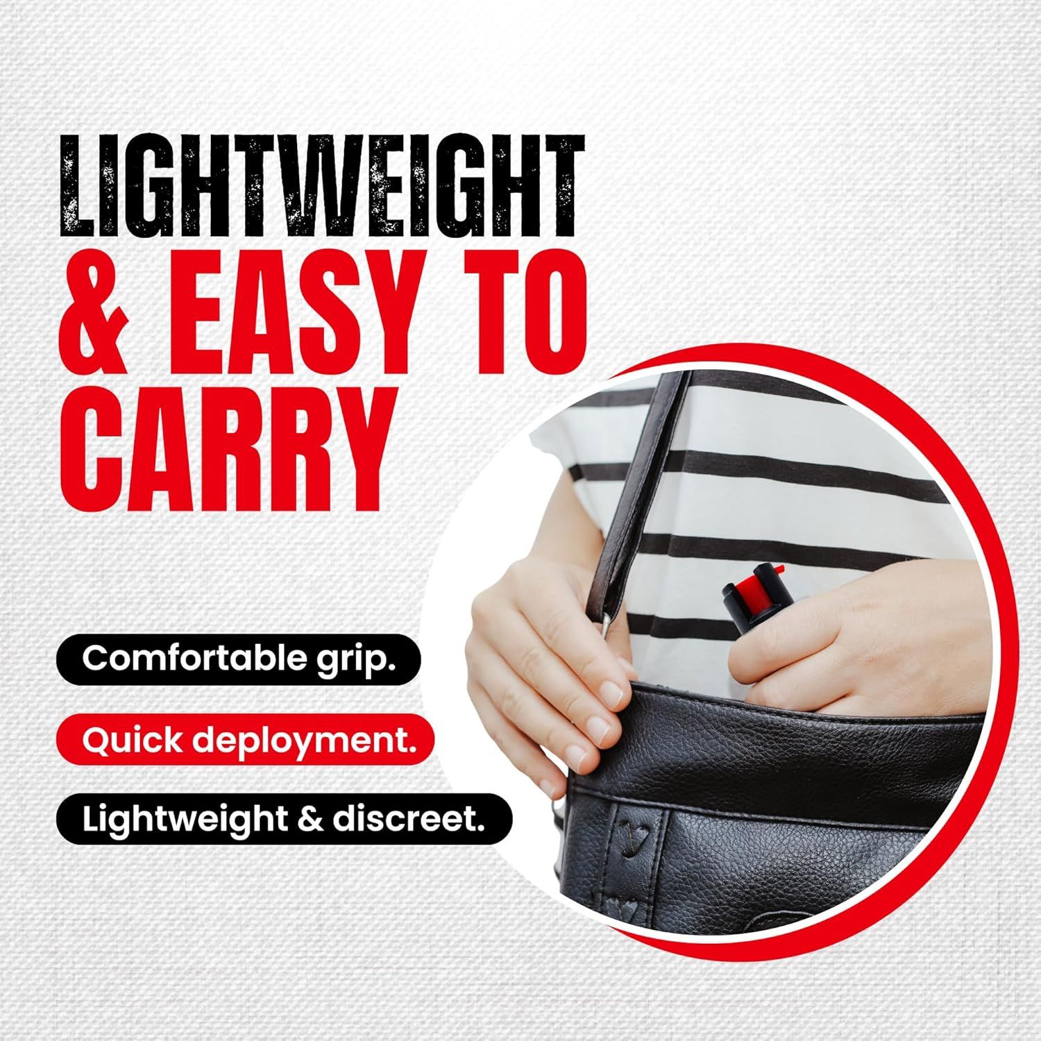 Communicates multiple key benefits of the product including its lightweight portability, comfortable grip, quick deployment capability, and discreet design to reassure shoppers about ease of use and…
