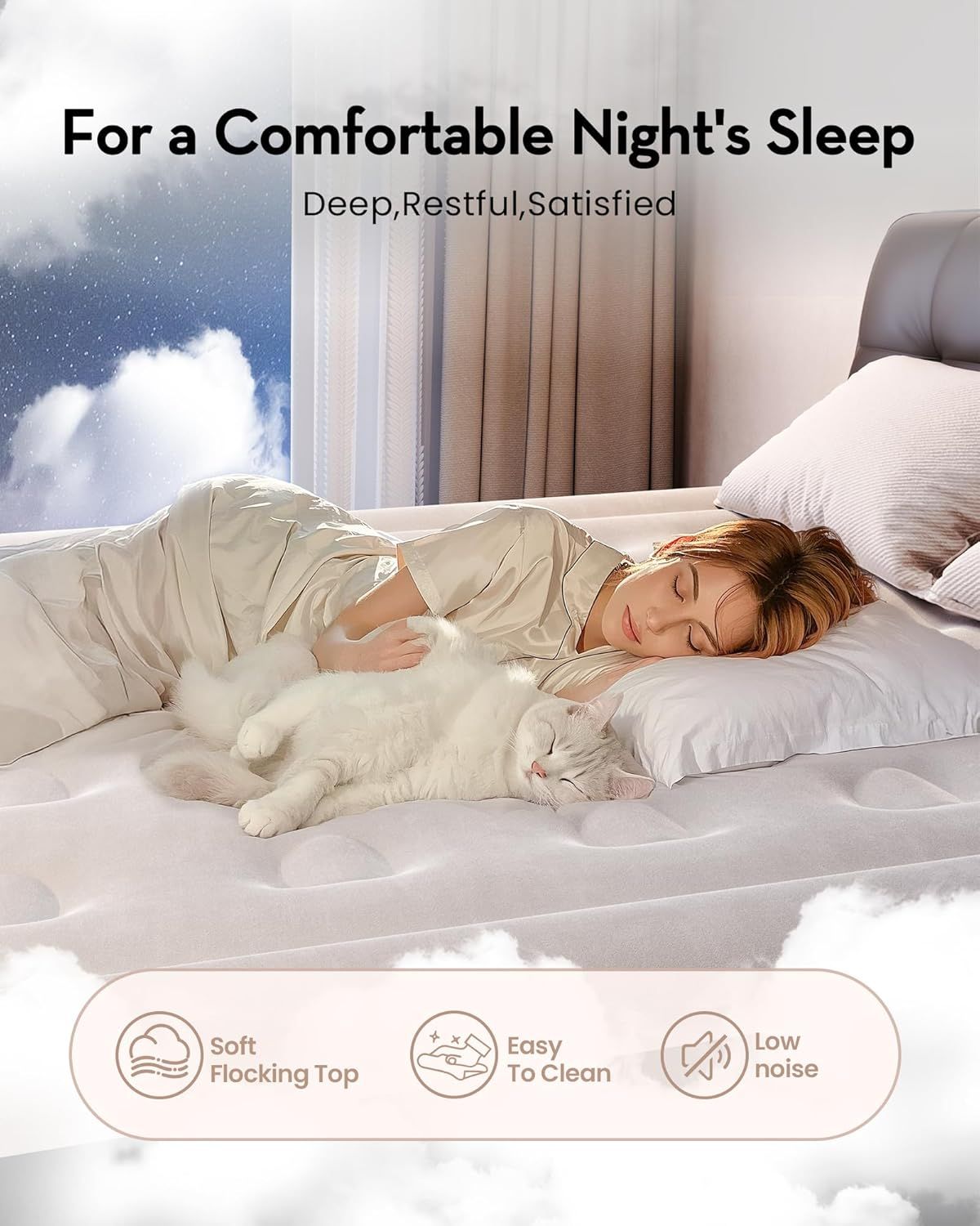 Communicates multiple distinct benefits of the product (soft surface, easy maintenance, quiet operation) to reassure shoppers that this product delivers comprehensive comfort and convenience for…