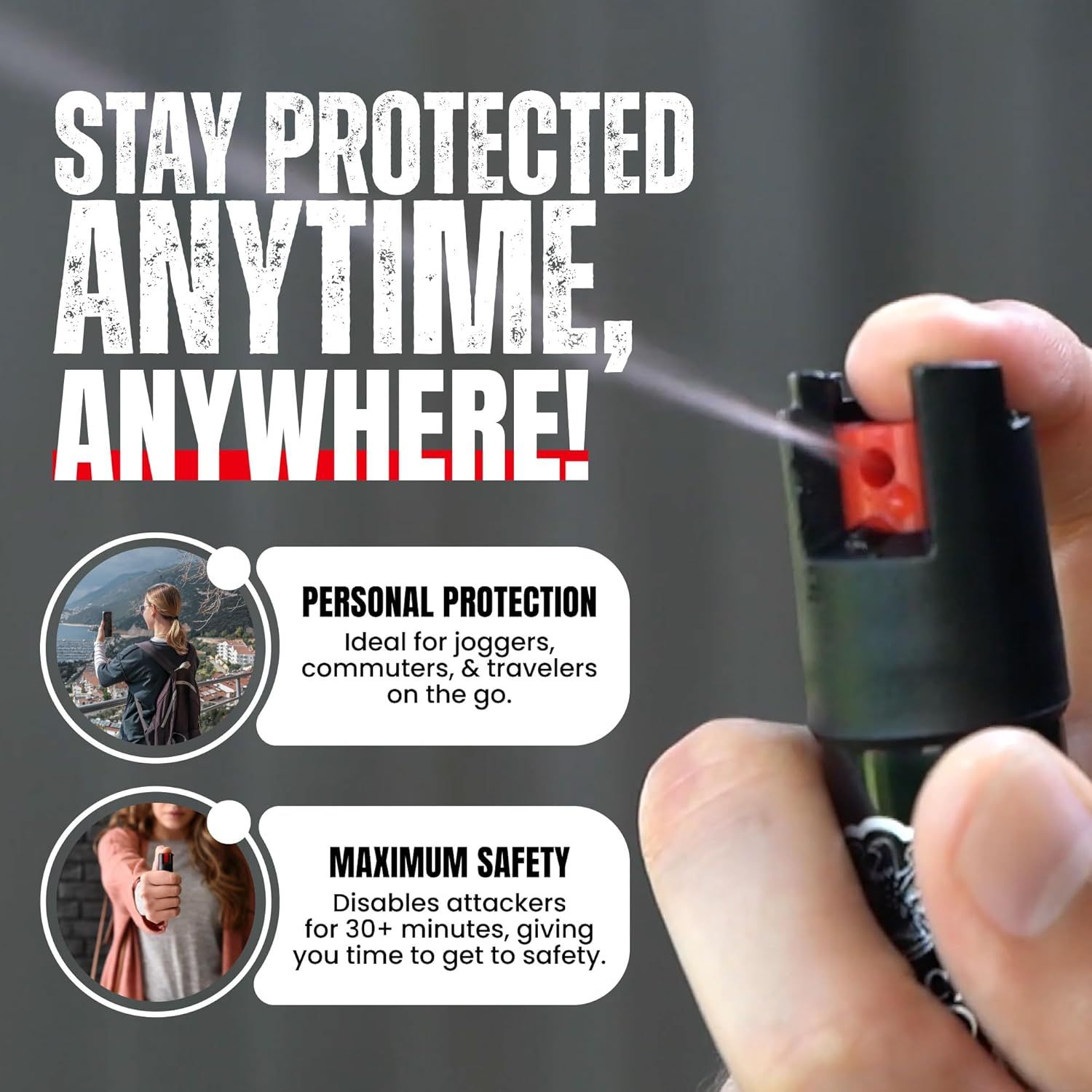 Communicates that this personal protection device is versatile for multiple scenarios (jogging, commuting, traveling) and provides extended safety by disabling attackers for 30+ minutes.…