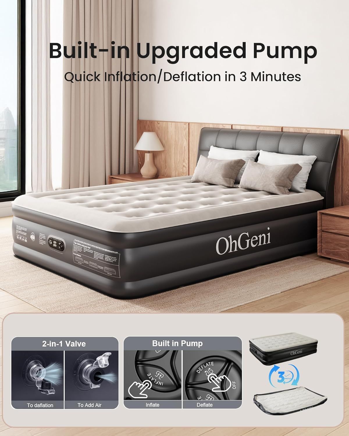 Communicates multiple key benefits of the air mattress including the built-in pump for convenience, fast 3-minute inflation/deflation, and the dual-function valve system to reassure shoppers of ease…