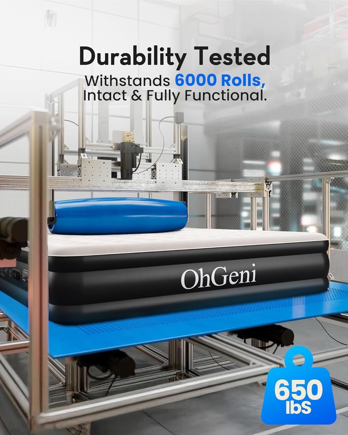 Communicates the product's exceptional durability through quantifiable testing metrics (6000 rolls) and weight capacity (650 lbs) to reassure shoppers of its long-lasting quality and strength.…