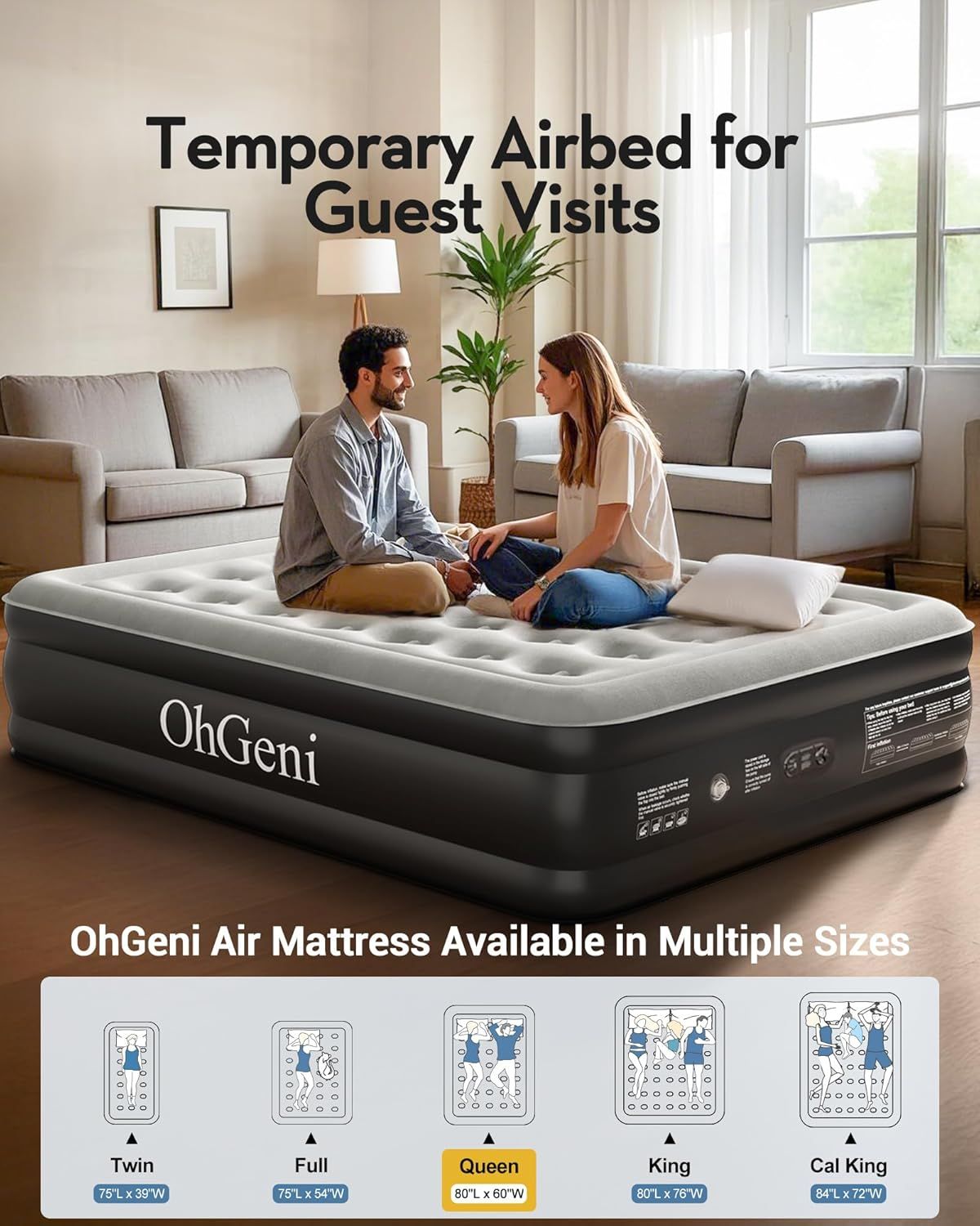 Demonstrates the product's use case as a temporary guest bed while showing the multiple size options available to fit different needs and spaces. Shows the air mattress in a real-world living room…