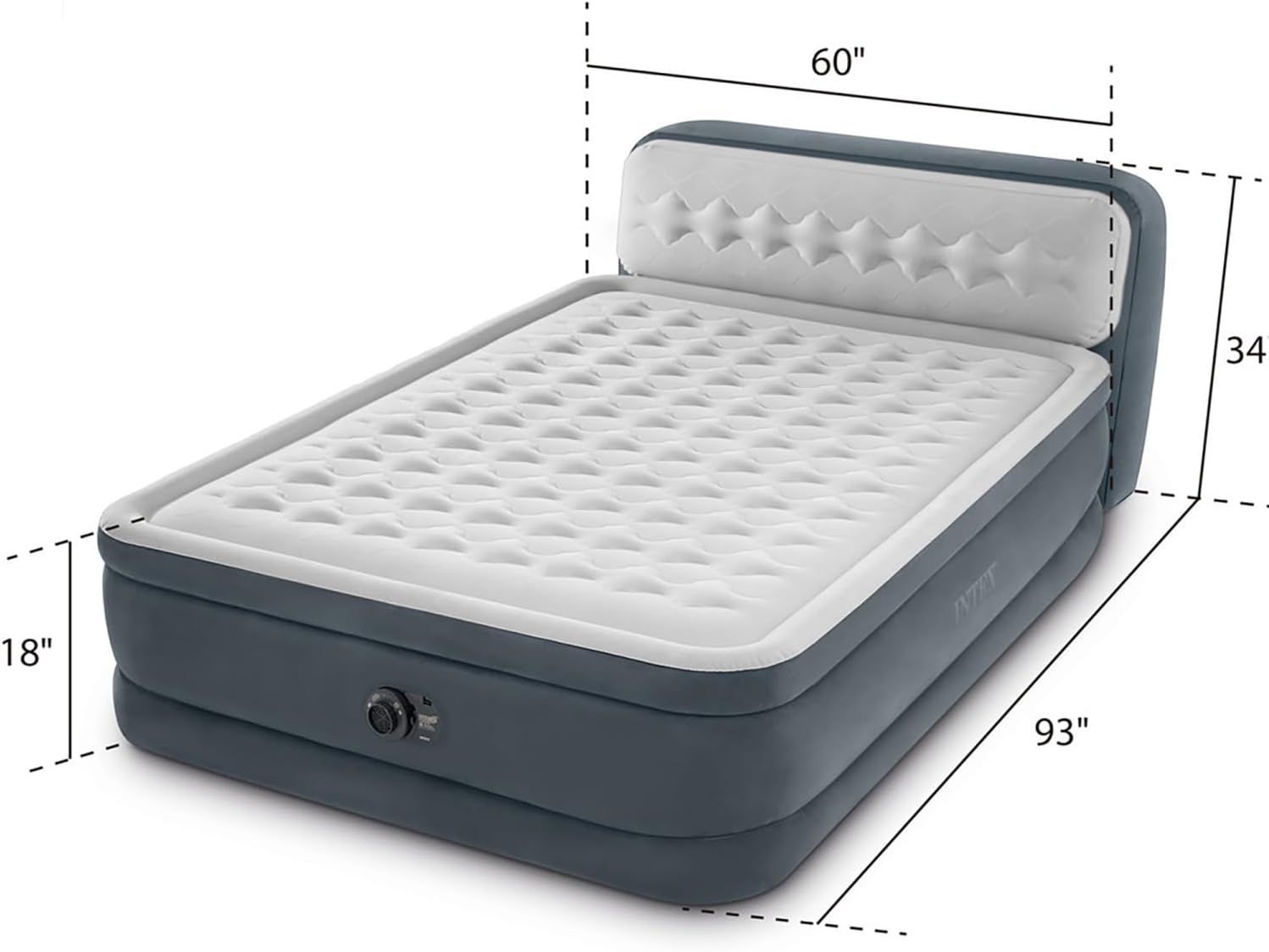 Communicates the exact physical dimensions of the air mattress (60" x 93" x 34" x 18") to help shoppers understand the size and ensure it fits their space and needs.