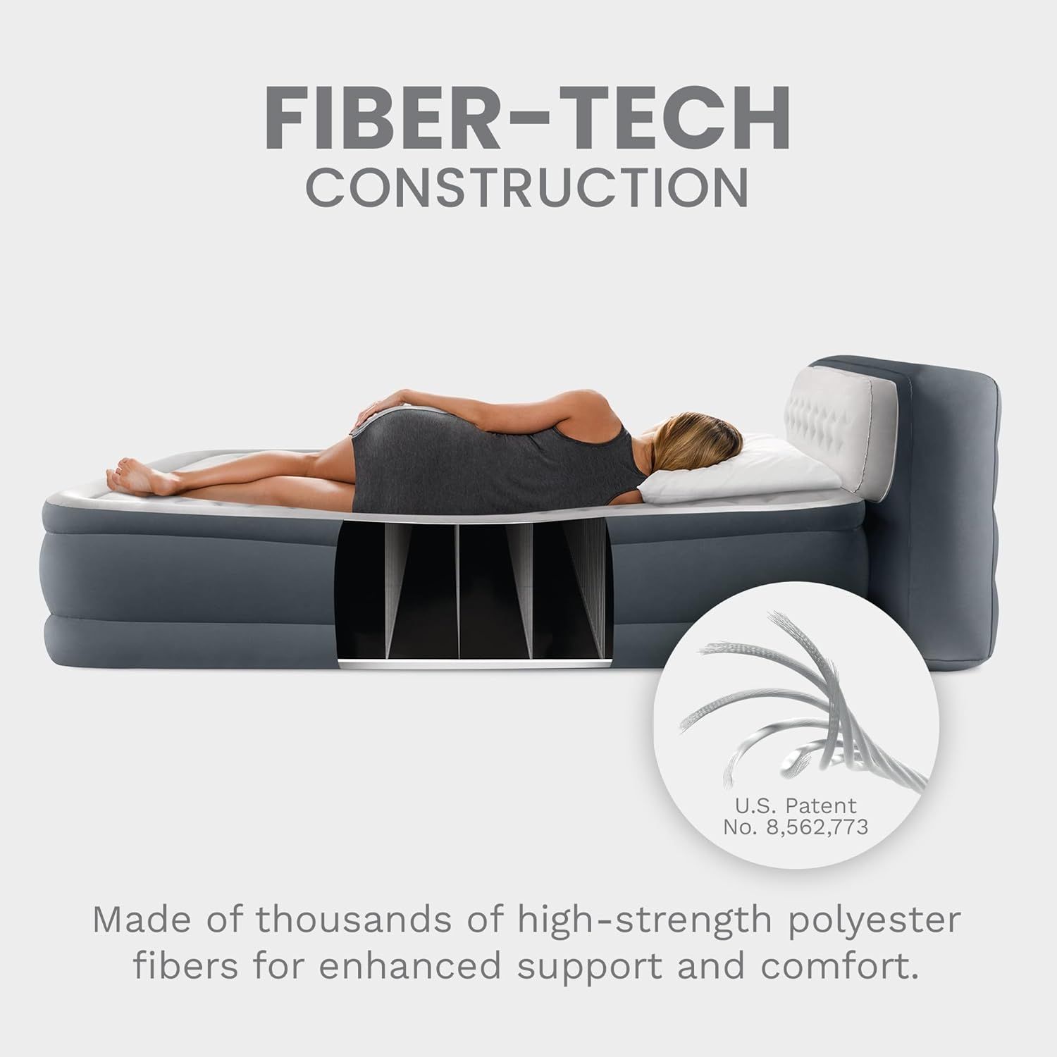 Demonstrates the internal construction technology of the air mattress, showing the fiber-tech support system that provides enhanced support and comfort, reinforced by a U.S. patent reference to…