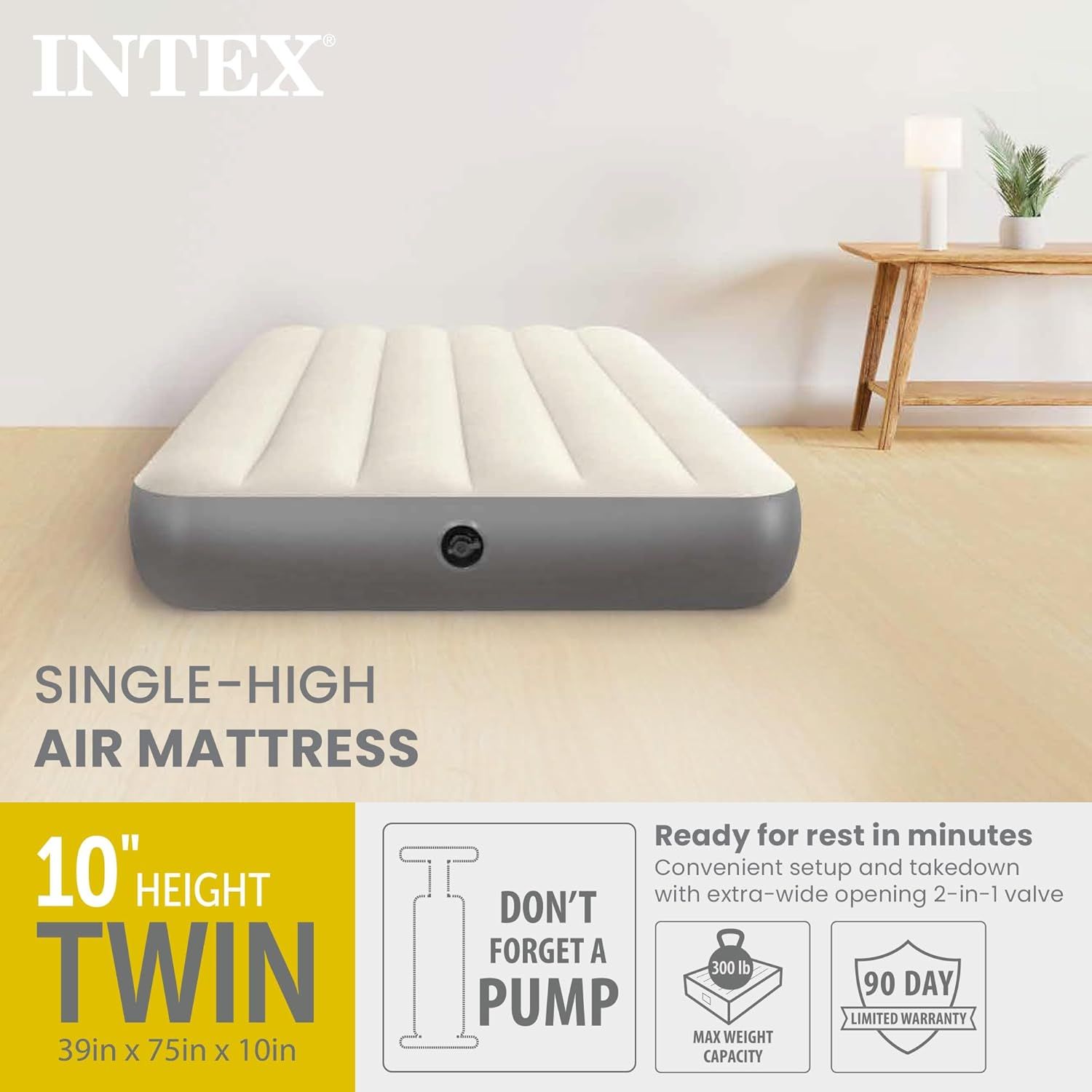 Communicates multiple key selling points of the air mattress including its height, easy setup process, weight capacity, and warranty coverage to reassure shoppers of its quality and convenience.