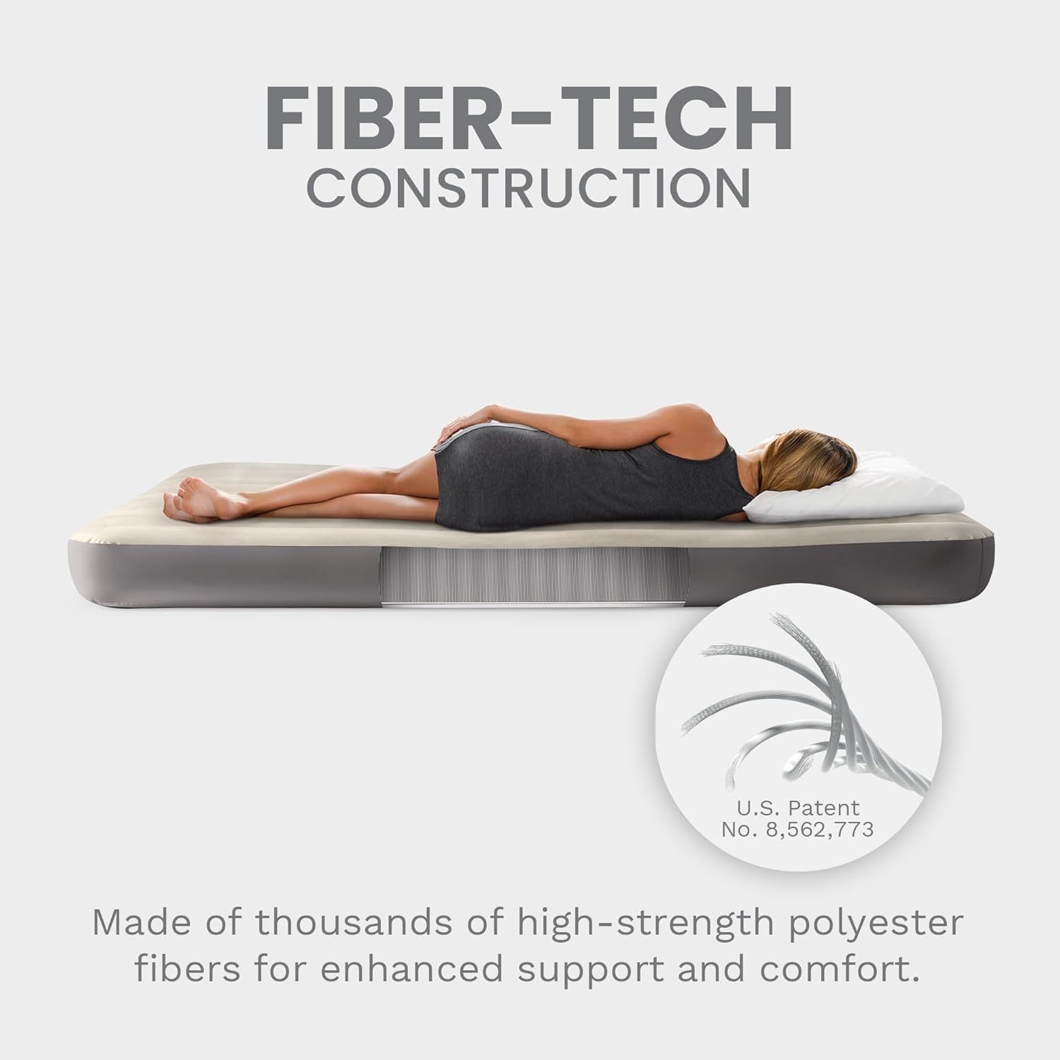 Highlights the internal fiber construction technology of the air mattress to communicate superior support and durability through patented engineering. Communicates the key benefit of the fiber-tech…