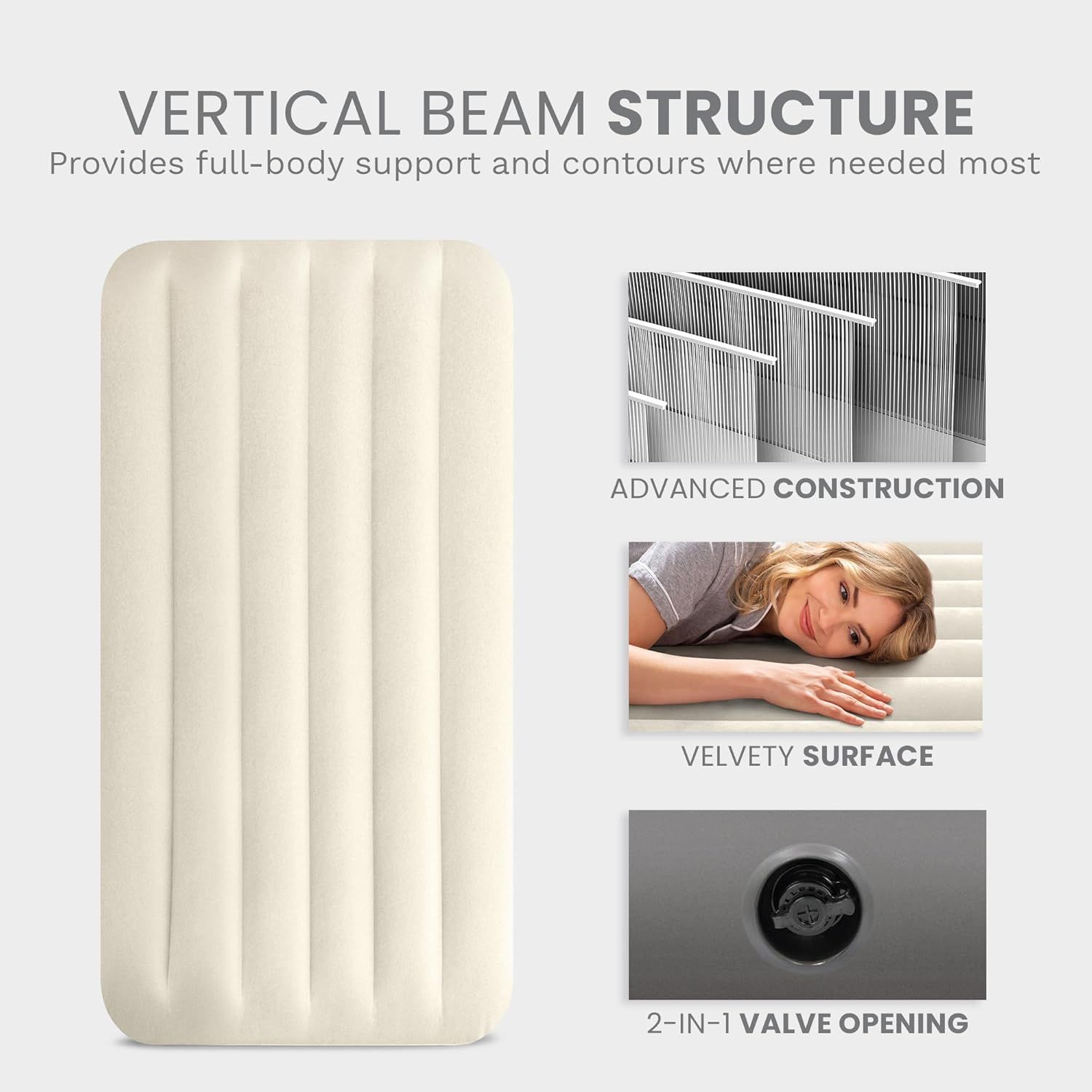This image breaks down the key structural and material components of the air mattress, highlighting the vertical beam support system, internal construction, surface texture, and valve mechanism to…