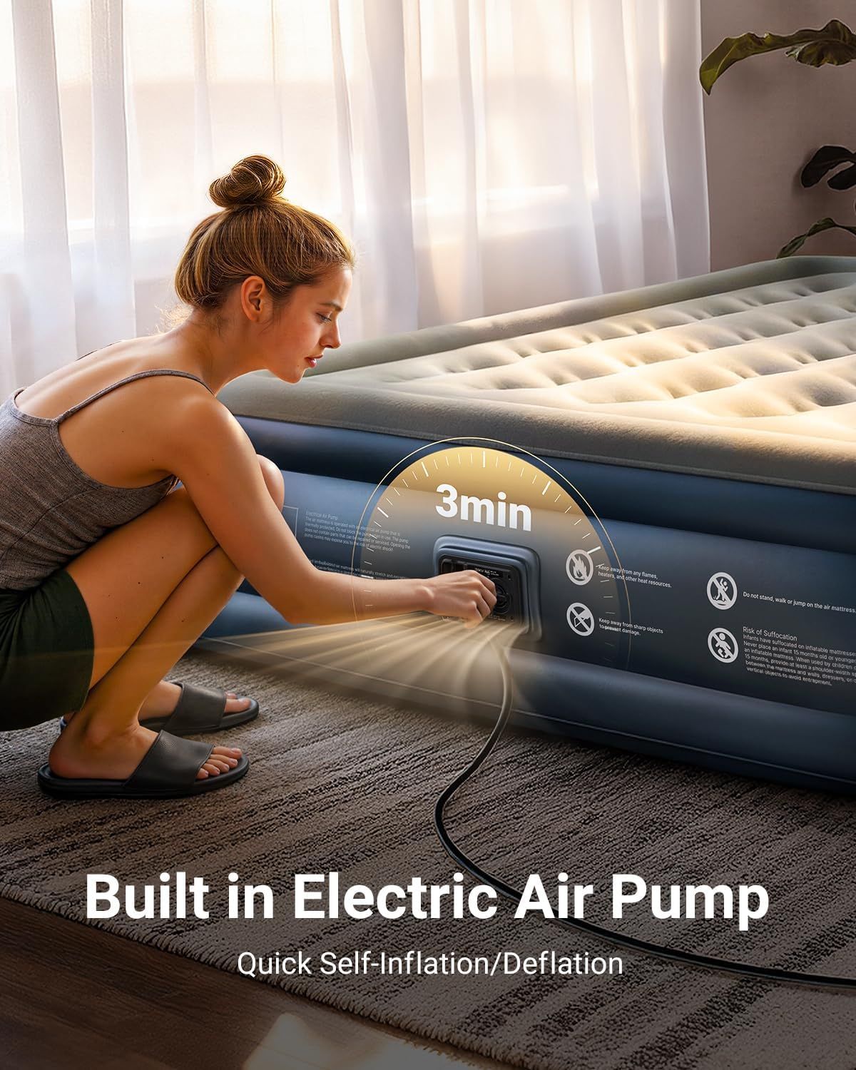 Demonstrates how easy and fast it is to inflate the air mattress using the built-in electric pump, reassuring shoppers that setup takes only 3 minutes. Highlights the speed of inflation with a…