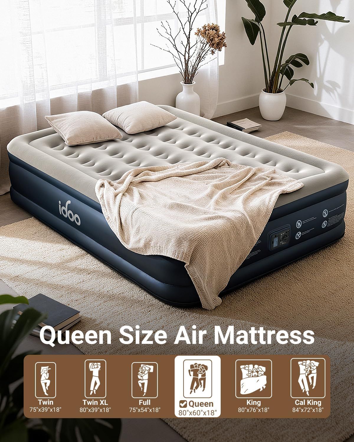 Communicates the available size options for the air mattress, helping shoppers choose the right fit for their needs by showing dimensions for Twin, Twin XL, Full, Queen, King, and Cal King sizes.…
