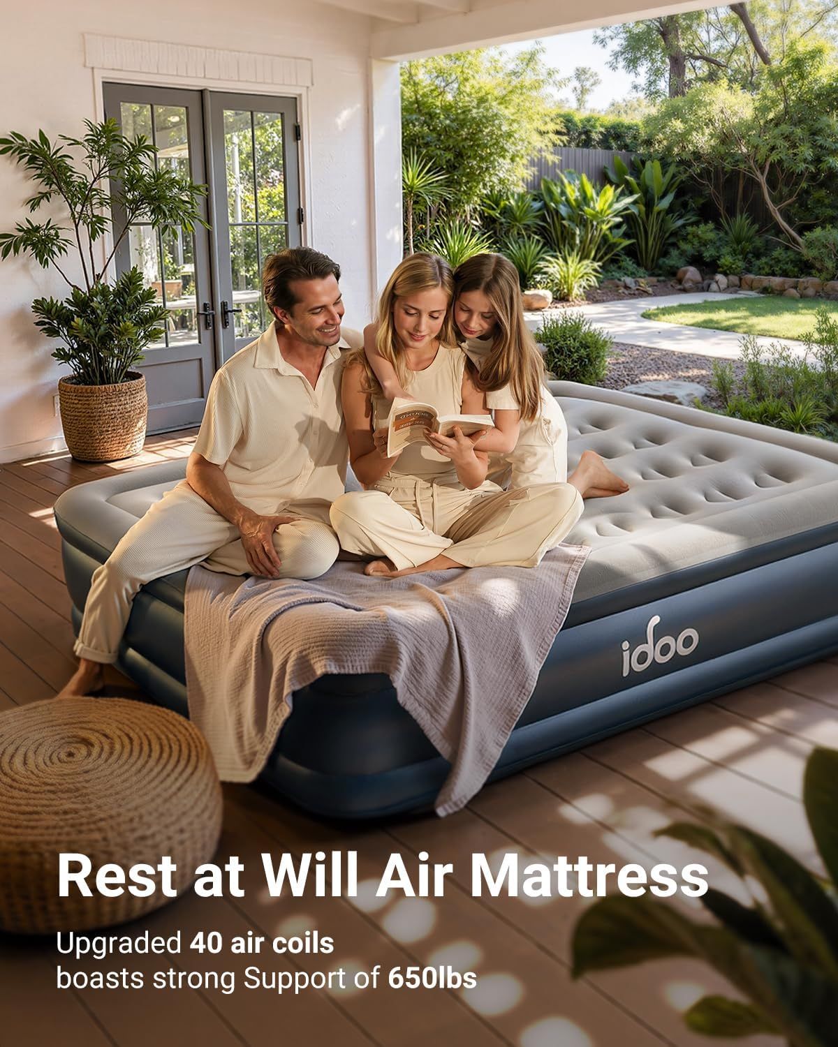 Communicates multiple key product benefits—upgraded air coil technology and high weight capacity—to reassure shoppers of the mattress's comfort, support, and durability.