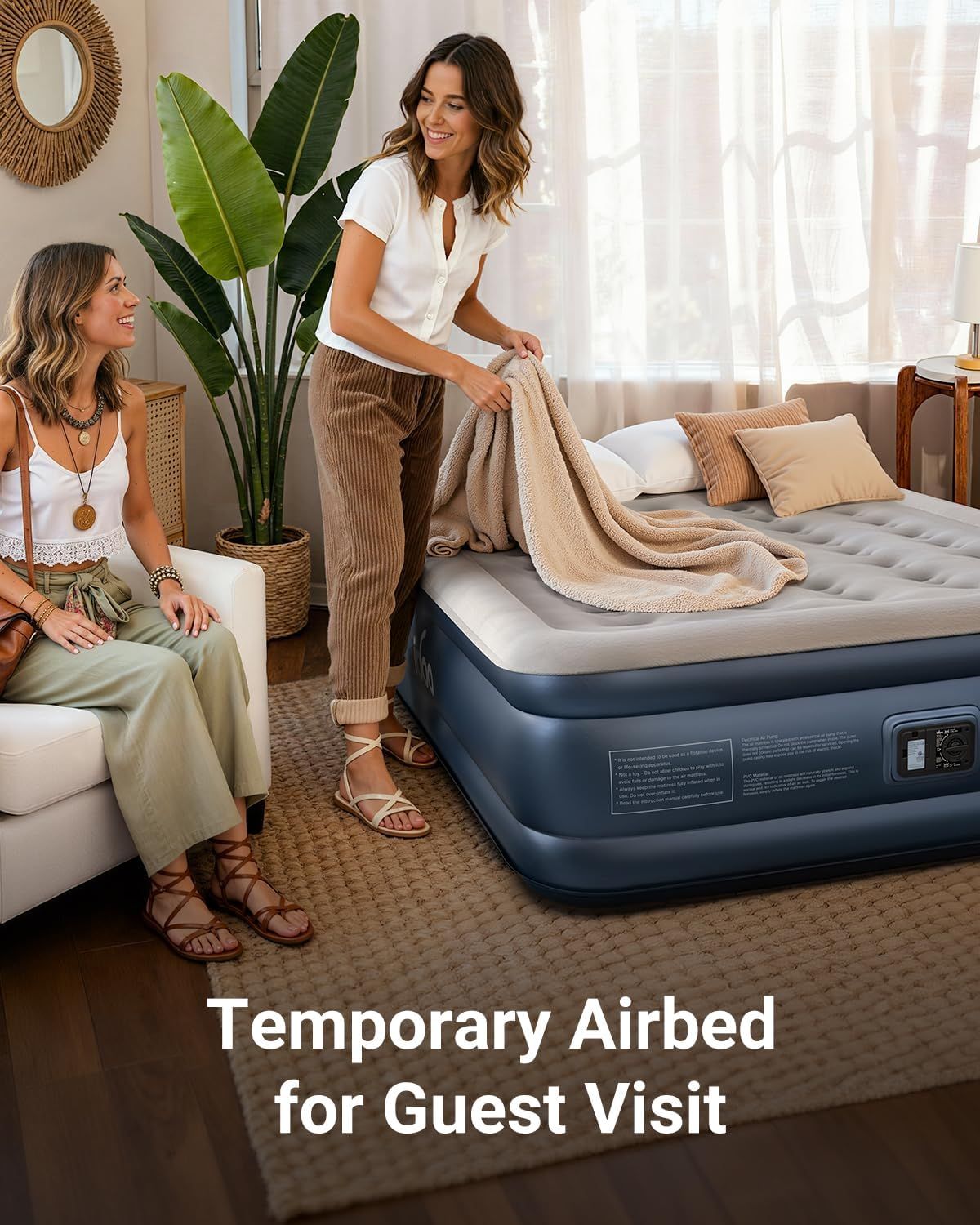 Demonstrates a specific use case for the airbed—providing temporary sleeping arrangements for guests—to help shoppers visualize how the product fits into their lifestyle and solves a common hosting…