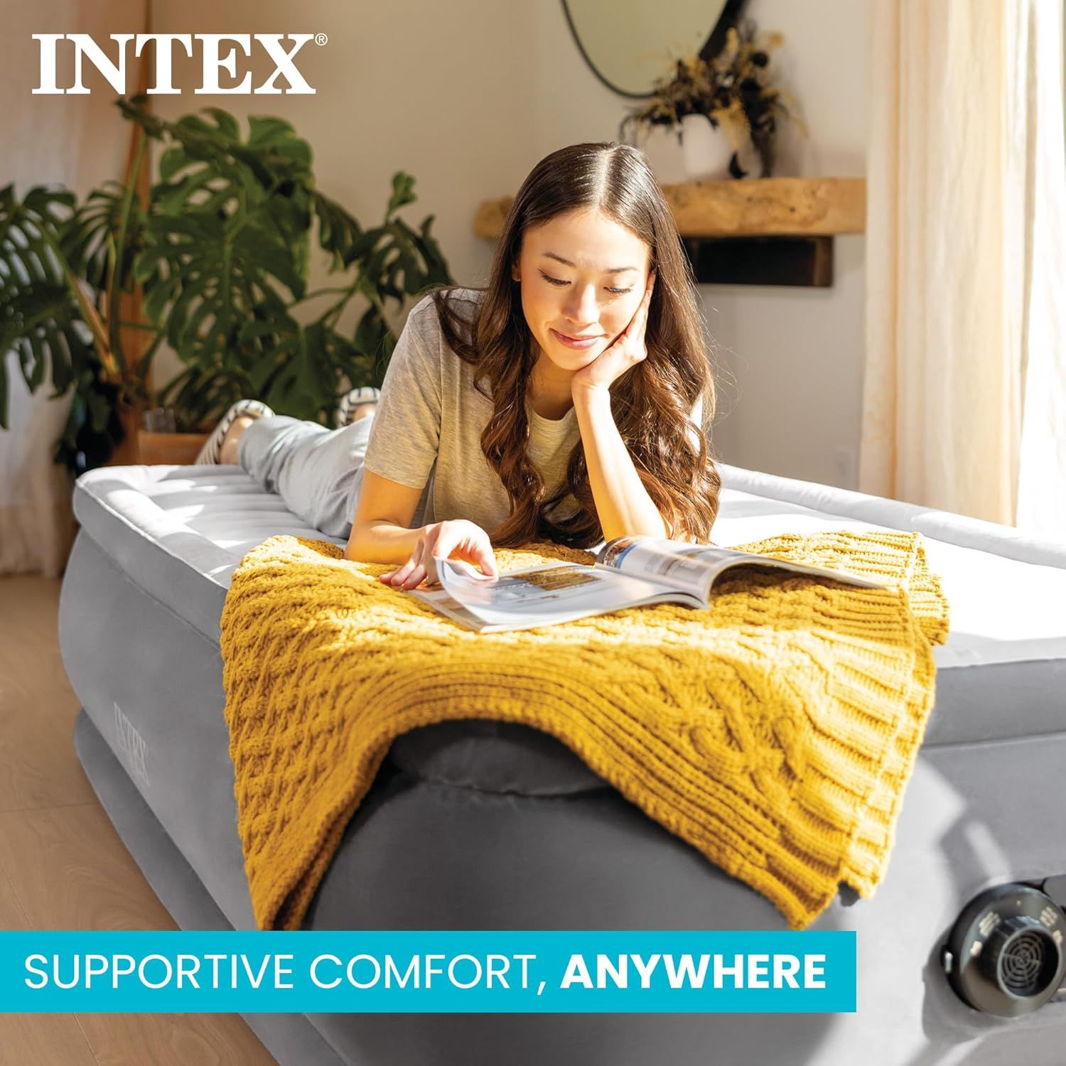 Demonstrates the product in a real-world home setting to show how the air mattress provides comfortable, supportive relaxation for everyday activities like reading.