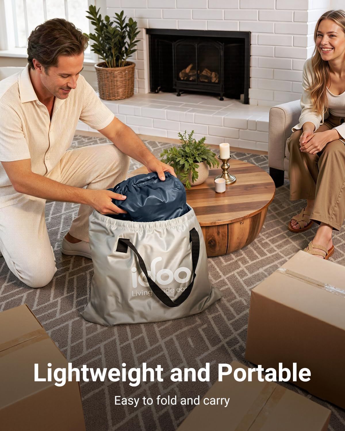 Communicates that the product is lightweight, portable, and easy to fold and carry, making it convenient for storage and transport.