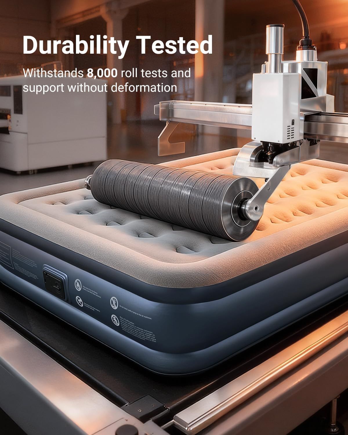 Communicates the product's exceptional durability through a quantifiable performance claim, reassuring shoppers that the air mattress can withstand extensive use without structural failure.…