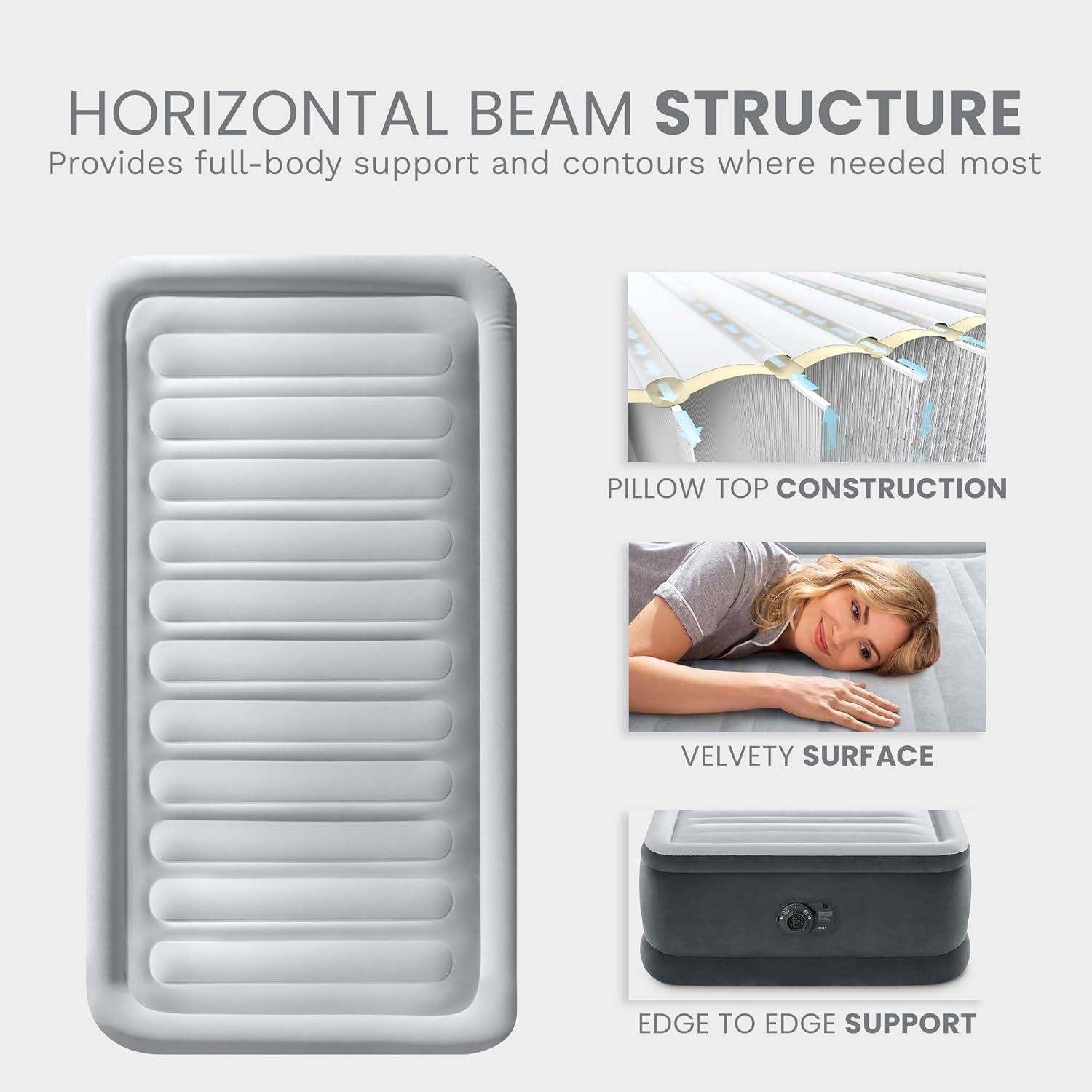 Communicates multiple distinct construction features and benefits of the air mattress in a segmented layout, showing how different structural elements work together to provide full-body support and…