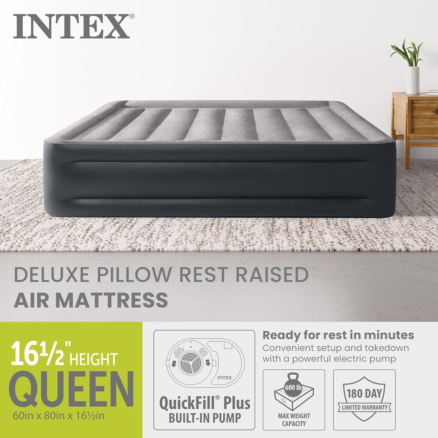 Communicates multiple key selling points of the air mattress including its raised height, quick setup with built-in pump, high weight capacity, and warranty coverage to reassure shoppers of quality…