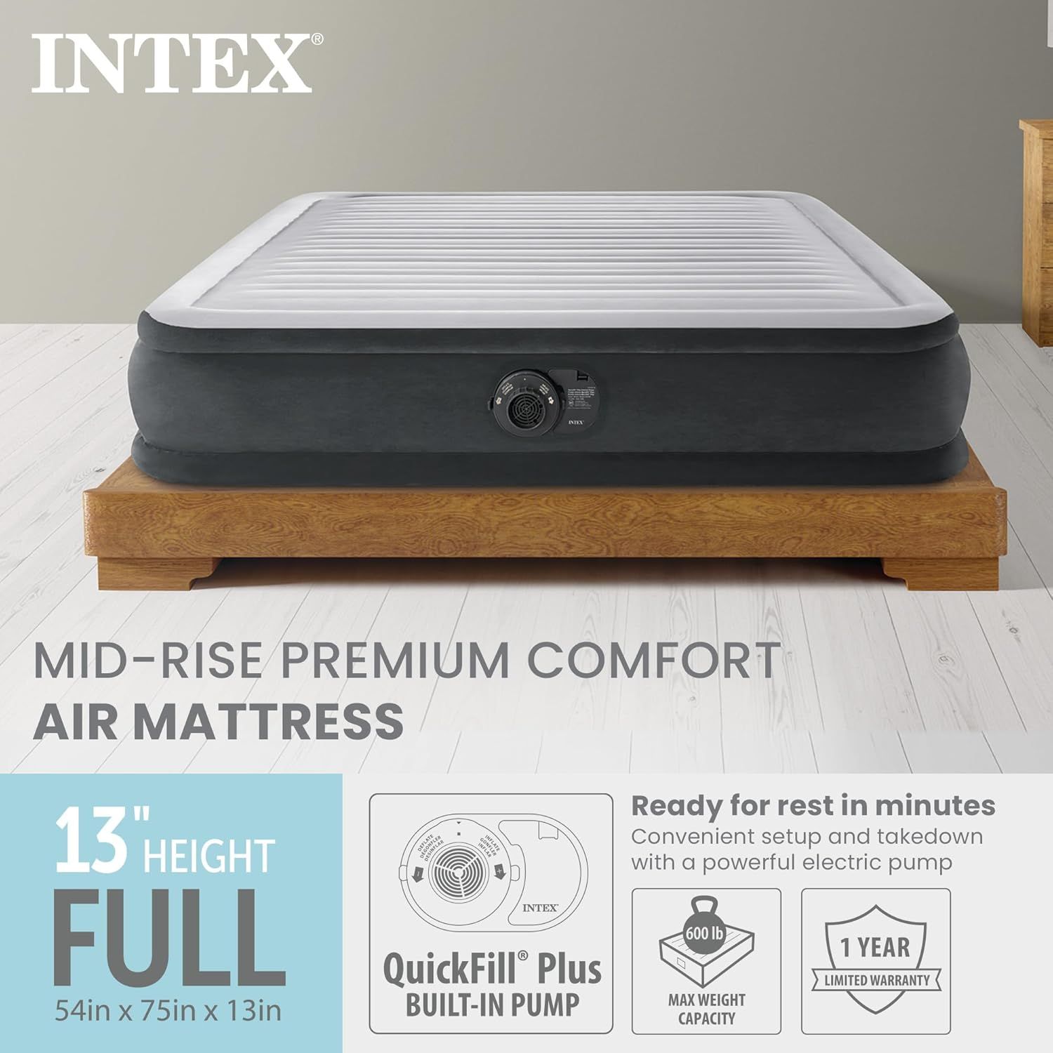 Communicates multiple key selling benefits of the air mattress including its full-size dimensions, convenient built-in pump for quick setup, high weight capacity, and warranty coverage to reassure…