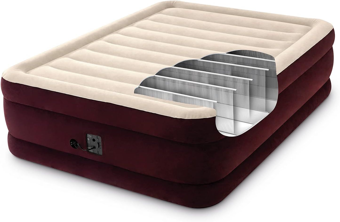 This image reveals the internal coil construction of the air mattress to reassure shoppers of its structural support and quality, while also highlighting the built-in pump feature for convenience.