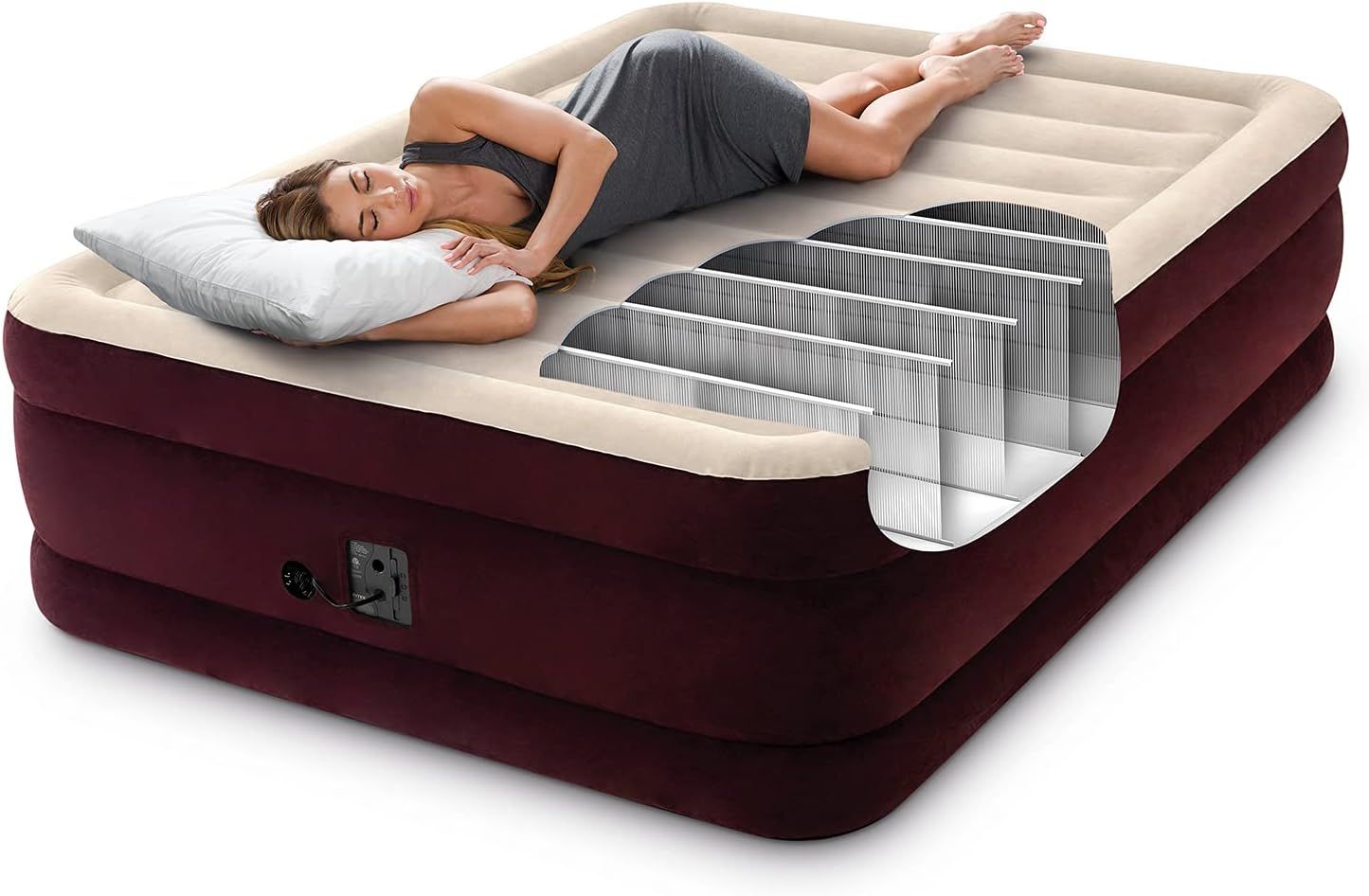 Demonstrates the internal construction and support system of the air mattress, showing the fiber-tech beam structure that provides stability and comfort to reassure shoppers of quality engineering.