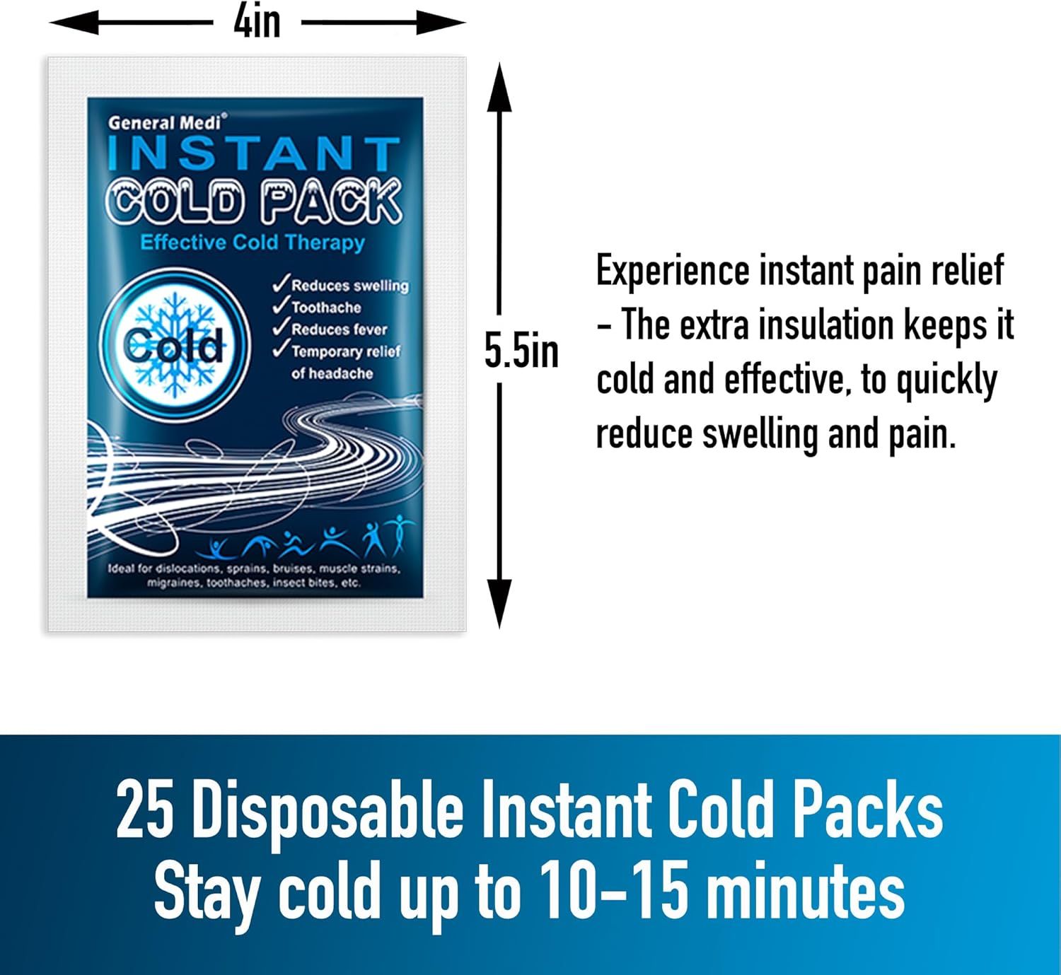 Communicates the exact physical size of the cold pack with dimension arrows to help shoppers understand how large the product is and whether it fits their needs. Highlights the key benefit of extra…