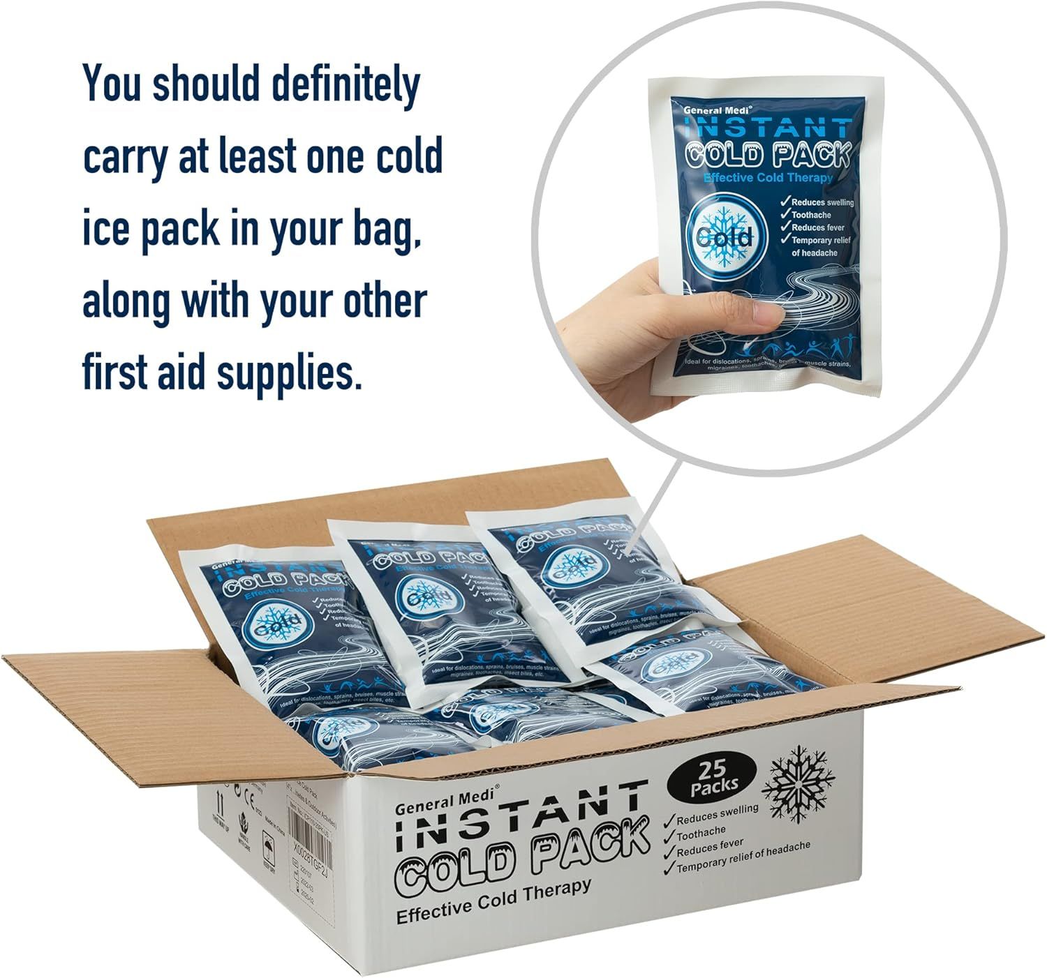 Demonstrates a practical use case for the cold pack by positioning it as an essential first aid supply, encouraging shoppers to consider it for emergency preparedness and travel. Shows the quantity…