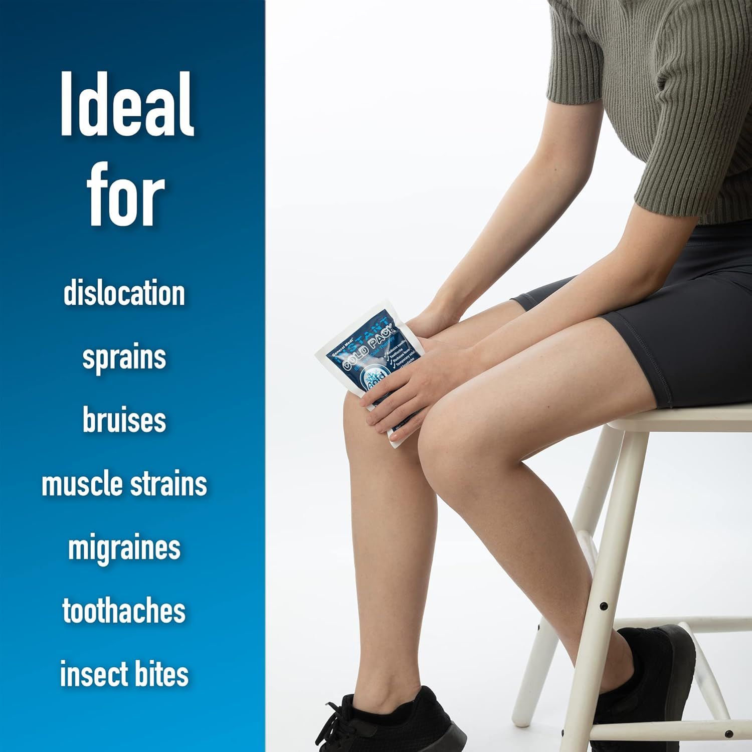 Demonstrates the versatility of the ice pack by showing it can be used for multiple types of pain and injuries, including dislocations, sprains, bruises, muscle strains, migraines, toothaches, and…