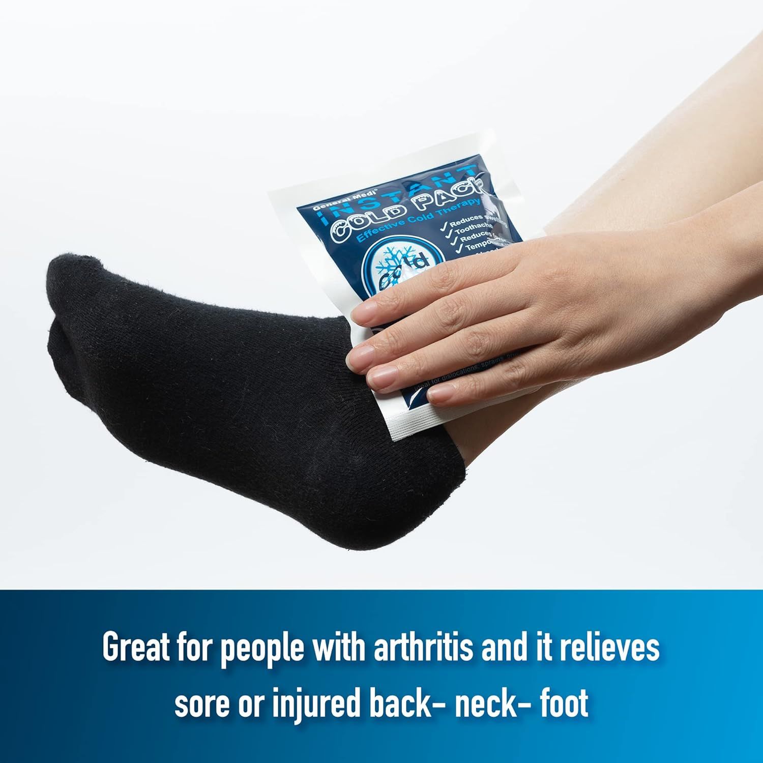 Demonstrates the product's versatility by showing it can be used for multiple types of pain (arthritis, back, neck, foot), reassuring shoppers of its broad applicability. Communicates the core…