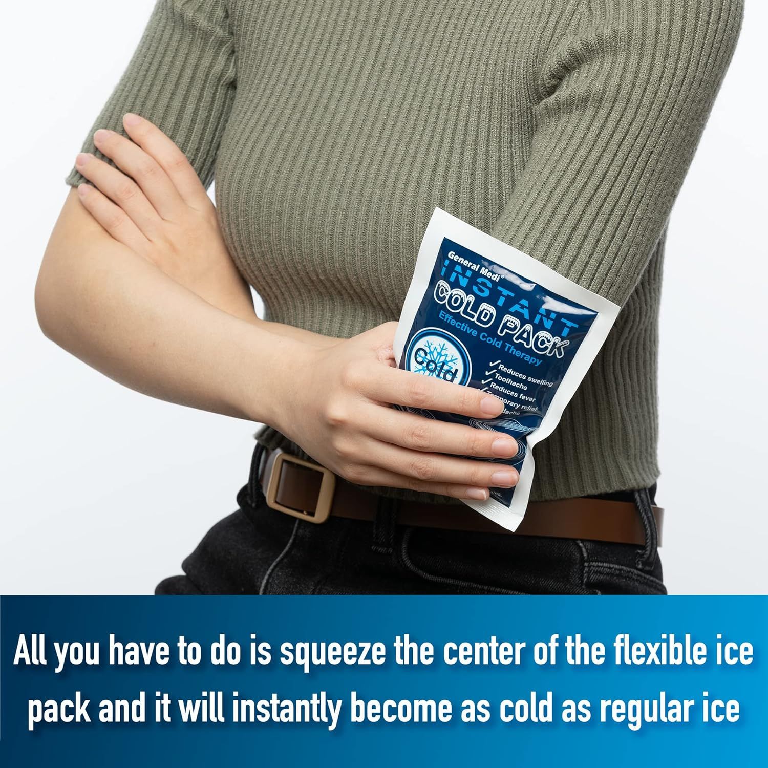Demonstrates how simple it is to activate the cold pack by squeezing the center, reassuring shoppers that the product is easy to use and requires no preparation. Highlights the convenience and…