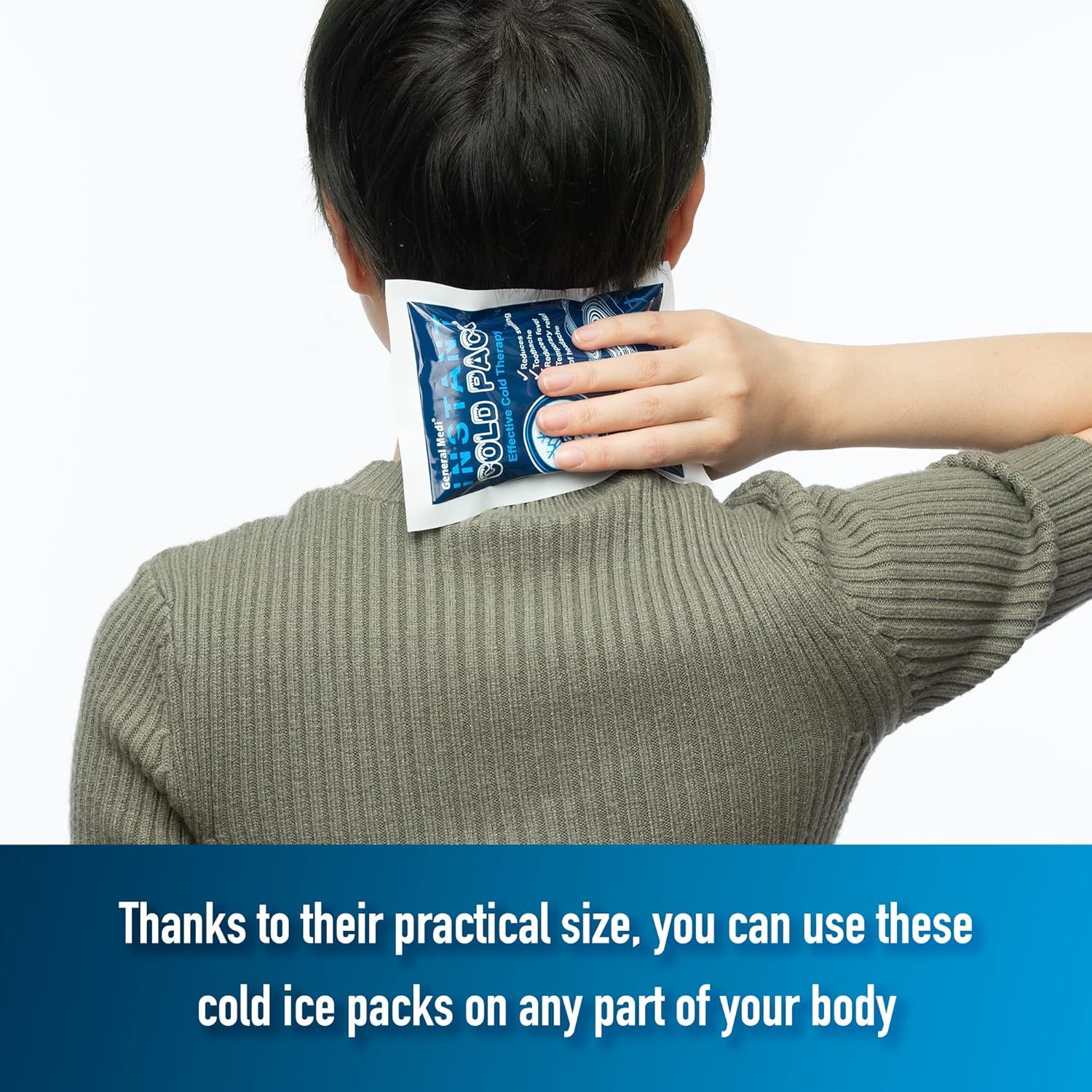 Demonstrates that the cold pack is practical and versatile enough to be used on any part of the body, reassuring shoppers of its flexibility for various pain relief needs. Highlights the practical…