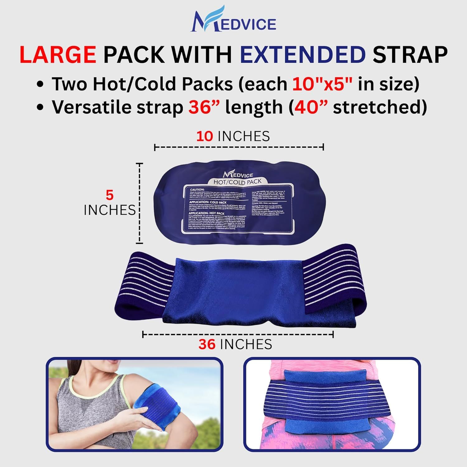 Communicates the exact physical dimensions of the hot/cold packs and strap length to help shoppers understand the product size and fit for their needs. Shows everything included in the package—two…