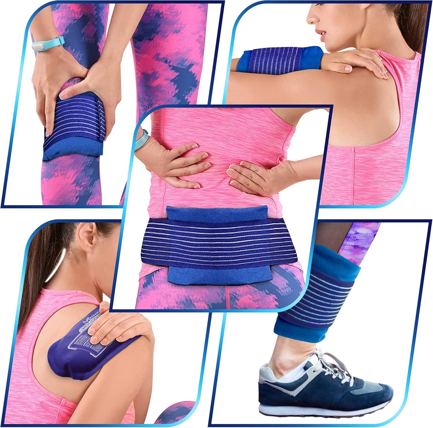 Demonstrates the product's versatility by showing it can be used on multiple body areas including wrist, back, shoulder, abdomen, and ankle, reassuring shoppers of its multi-purpose pain relief…