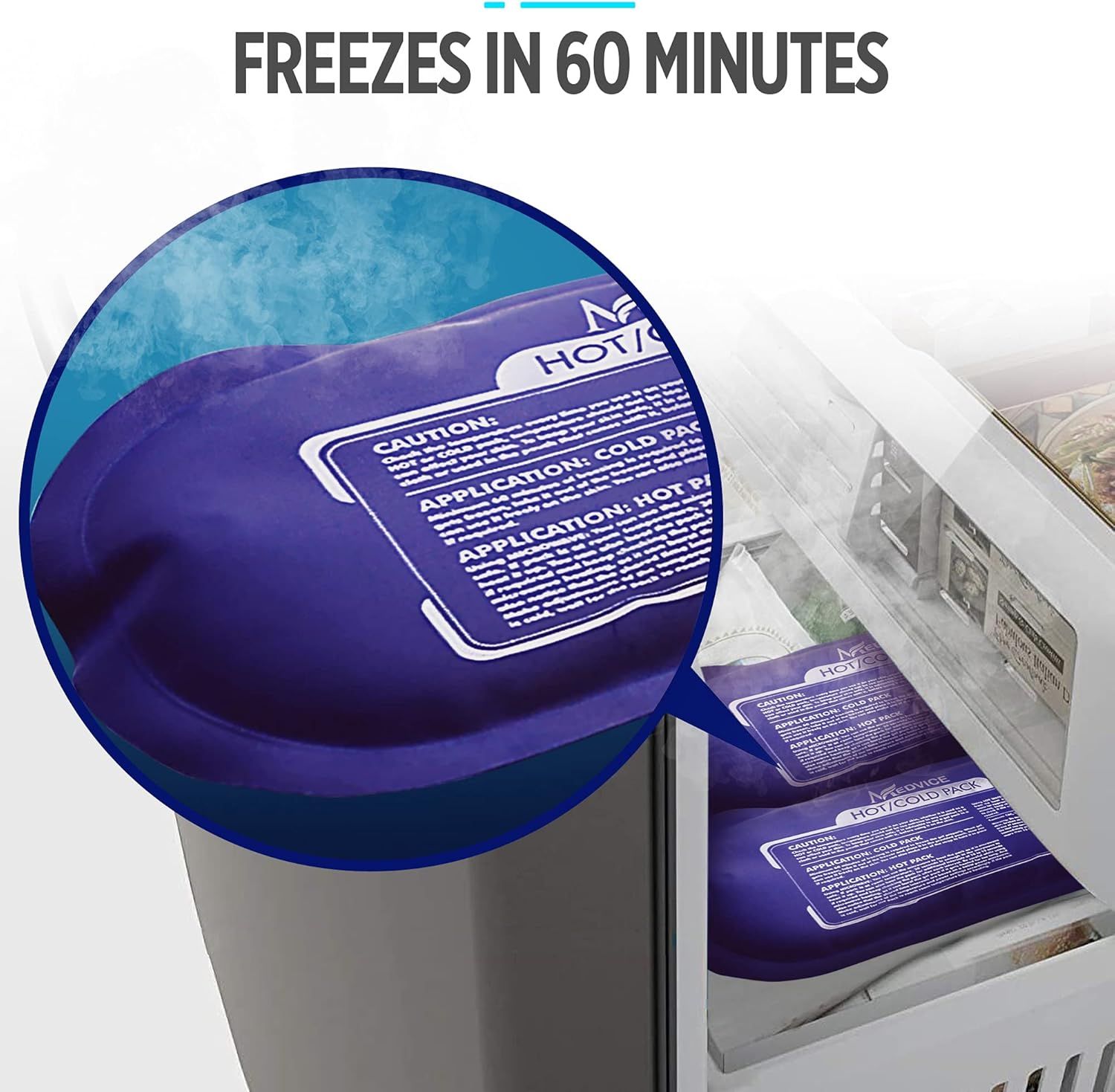 Communicates the product's quick freezing performance (60 minutes) to reassure shoppers of its efficiency and convenience. Highlights the key benefit of rapid freezing capability to appeal to…