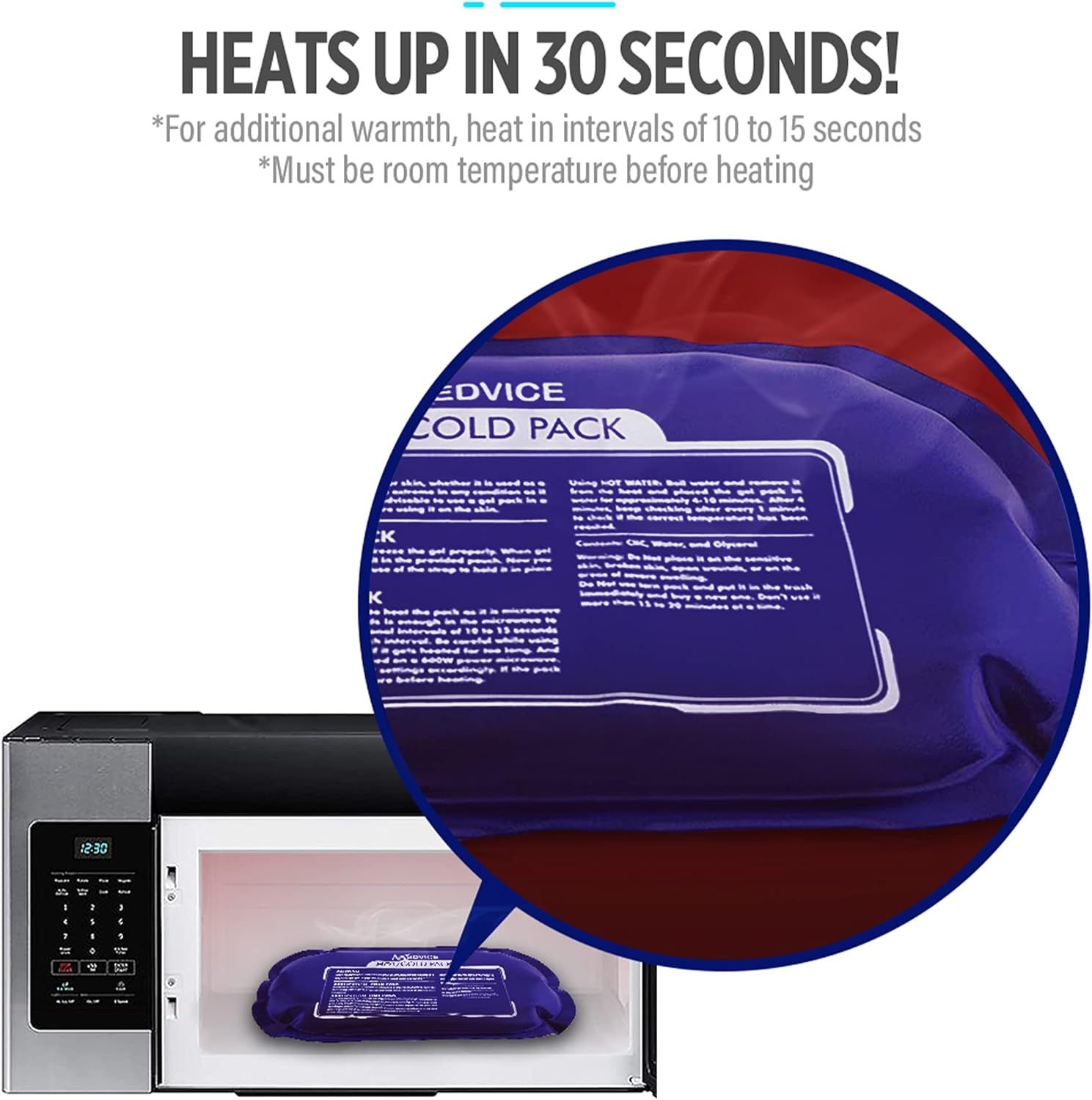 Communicates the product's rapid 30-second heating capability to reassure shoppers of quick, convenient pain relief. Highlights the convenience and speed of the heating pack, emphasizing ease of use…