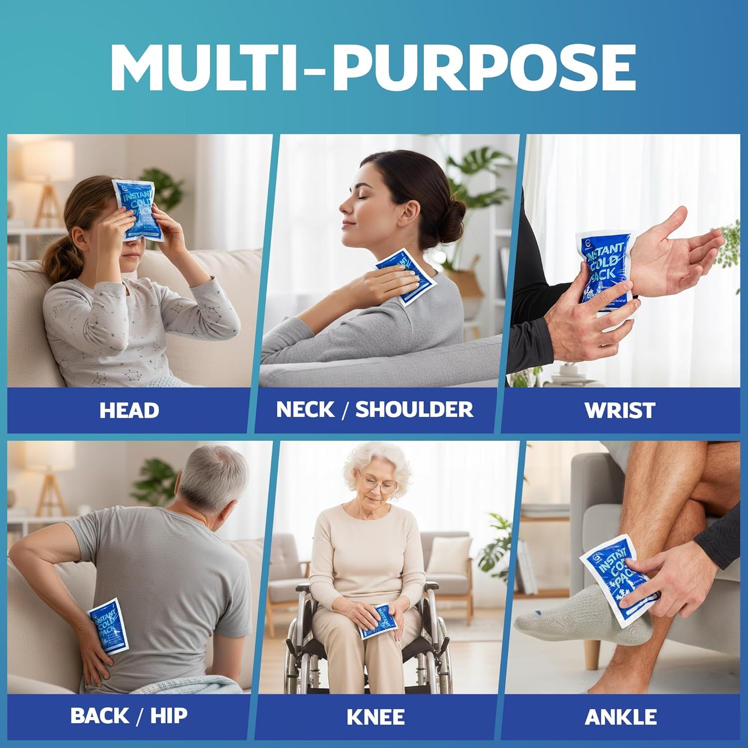 Demonstrates the product's versatility by showing it can be used on multiple body areas (head, neck, shoulder, wrist, back, hip, knee, ankle) to reassure shoppers it's a comprehensive pain relief…