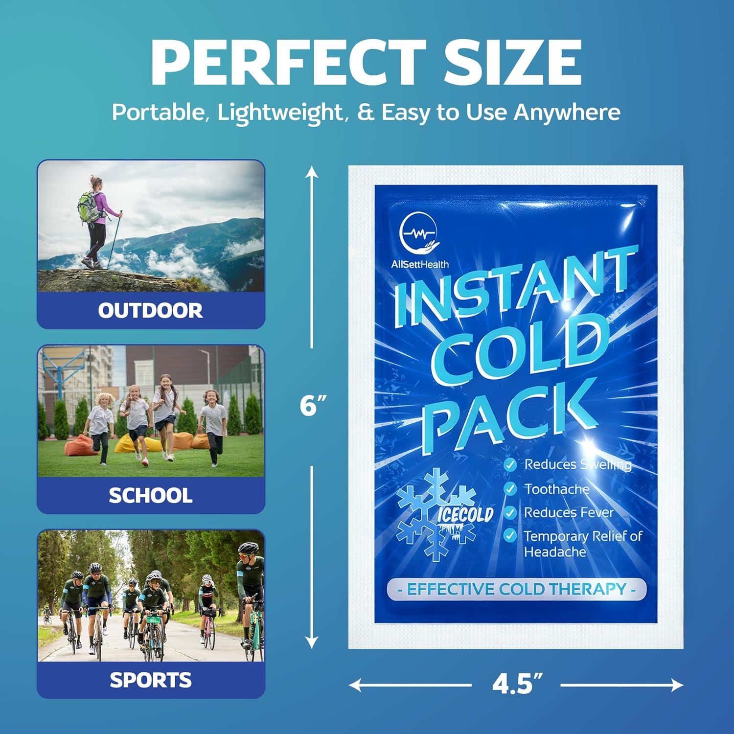 Communicates the physical dimensions (6 inches by 4.5 inches) of the cold pack to show shoppers it's compact and portable for use anywhere. Demonstrates the product's versatility by showing three…