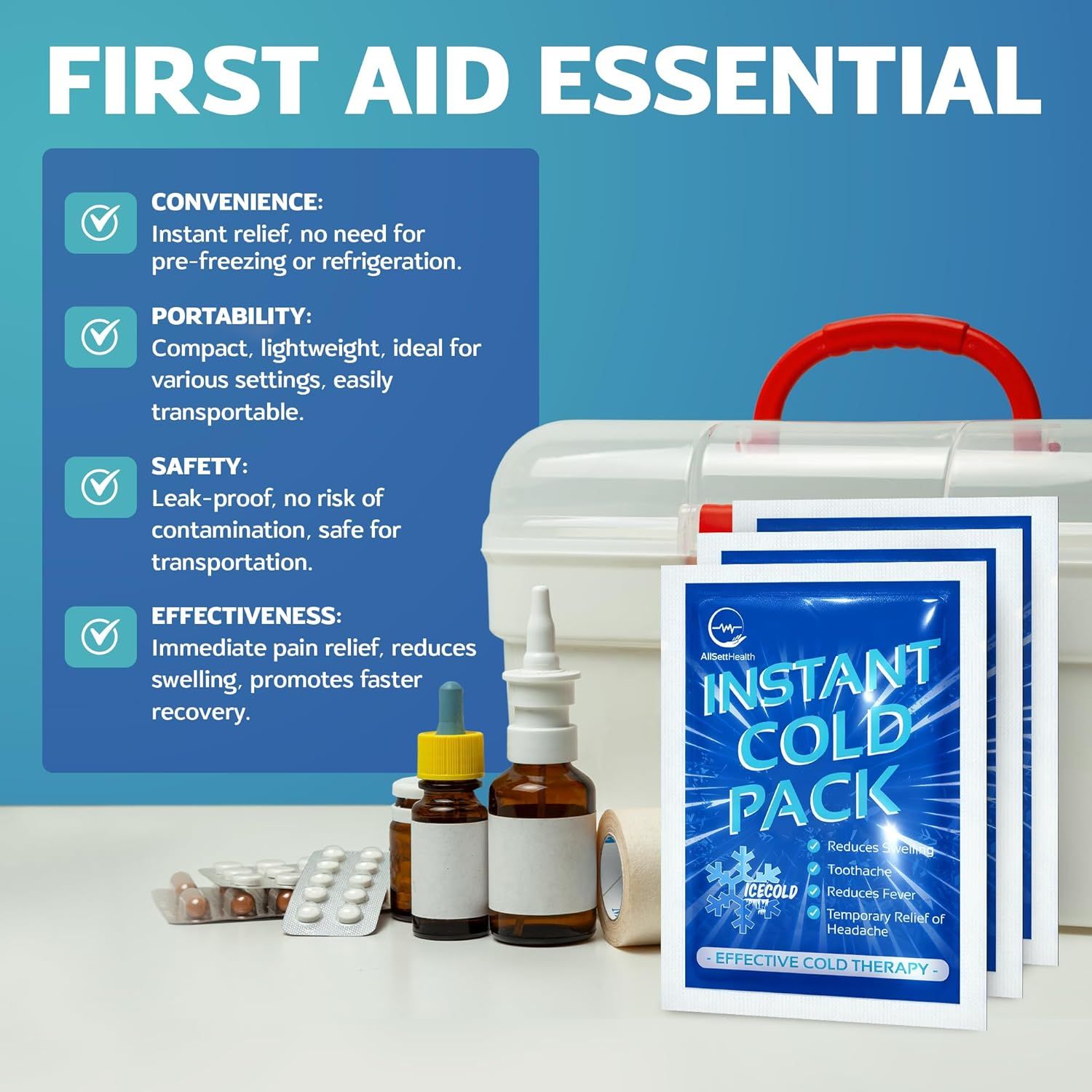 Communicates multiple distinct benefits of the instant cold pack product through a segmented layout with checkmark icons, highlighting convenience, portability, safety, and effectiveness to reassure…