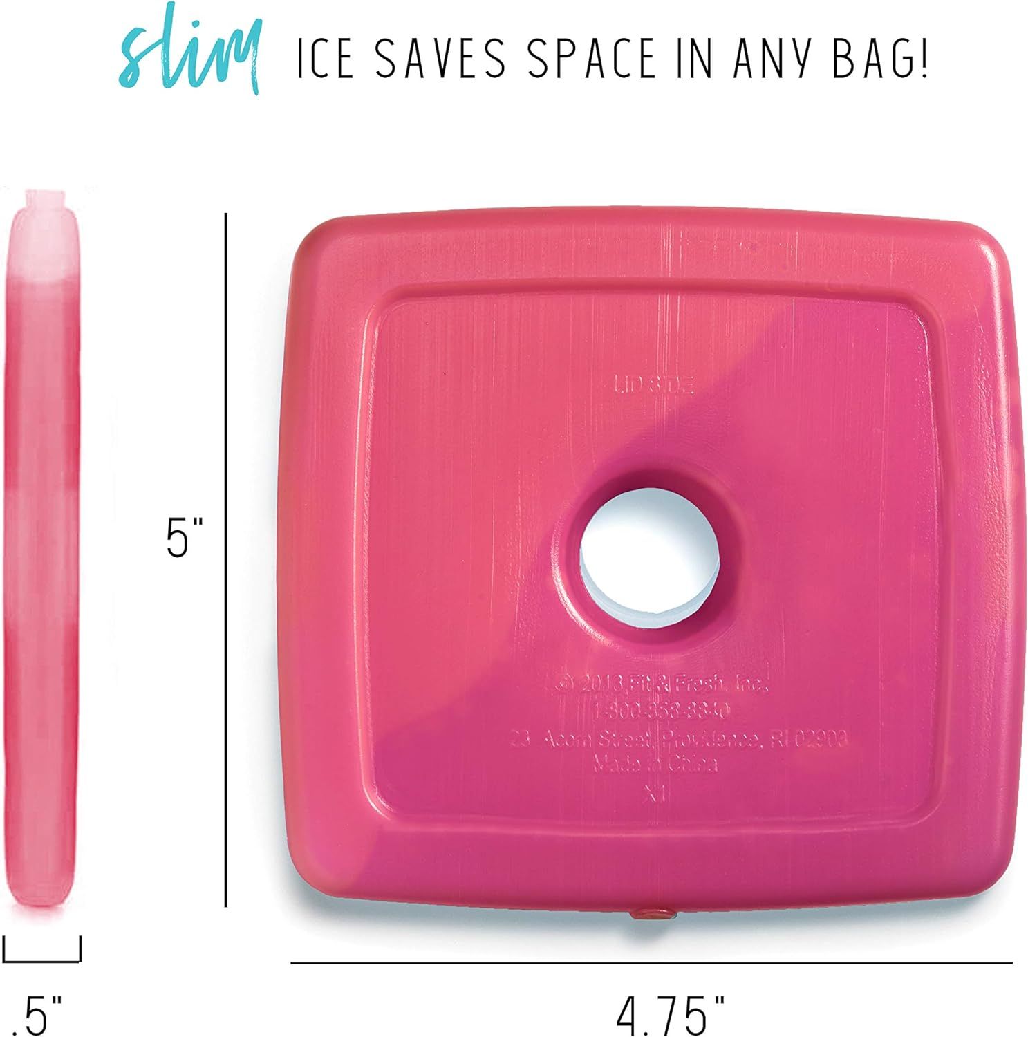 Communicates the slim, space-saving dimensions of the ice pack to reassure shoppers it will fit easily in any bag or cooler.