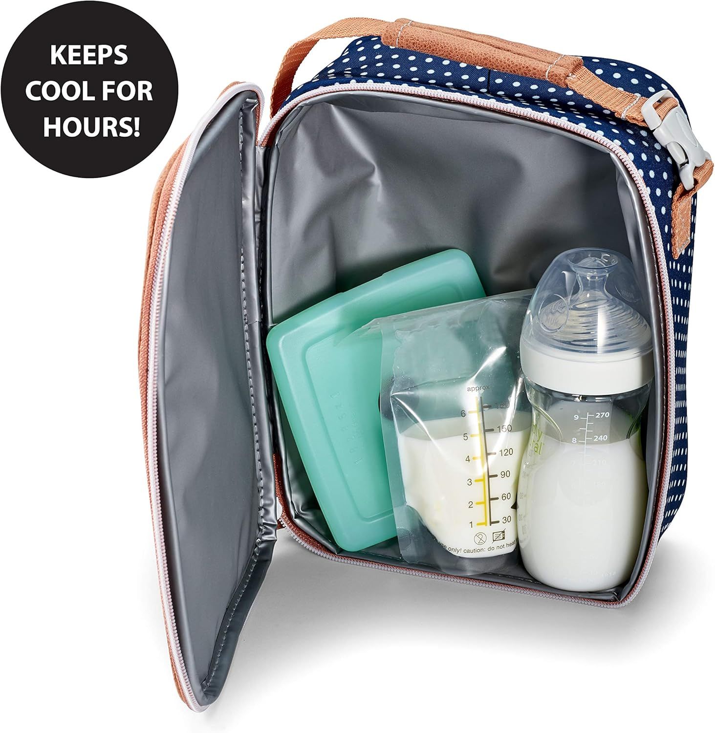 Communicates that the bag keeps contents cool for extended periods, reassuring parents that milk and food will stay fresh during outings.