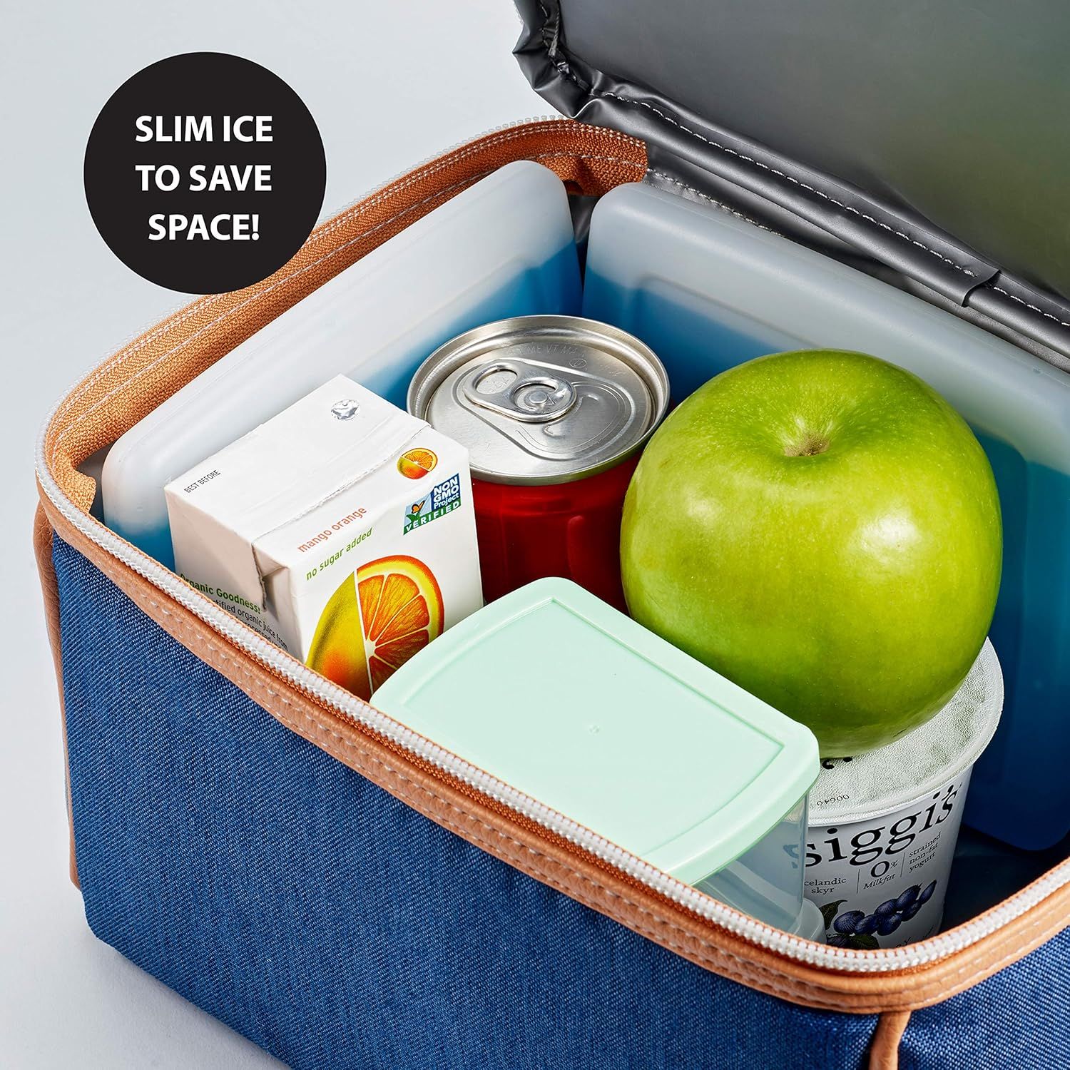 Highlights the product's slim ice pack design that maximizes interior space in the lunch bag, allowing shoppers to fit more food and drinks efficiently.