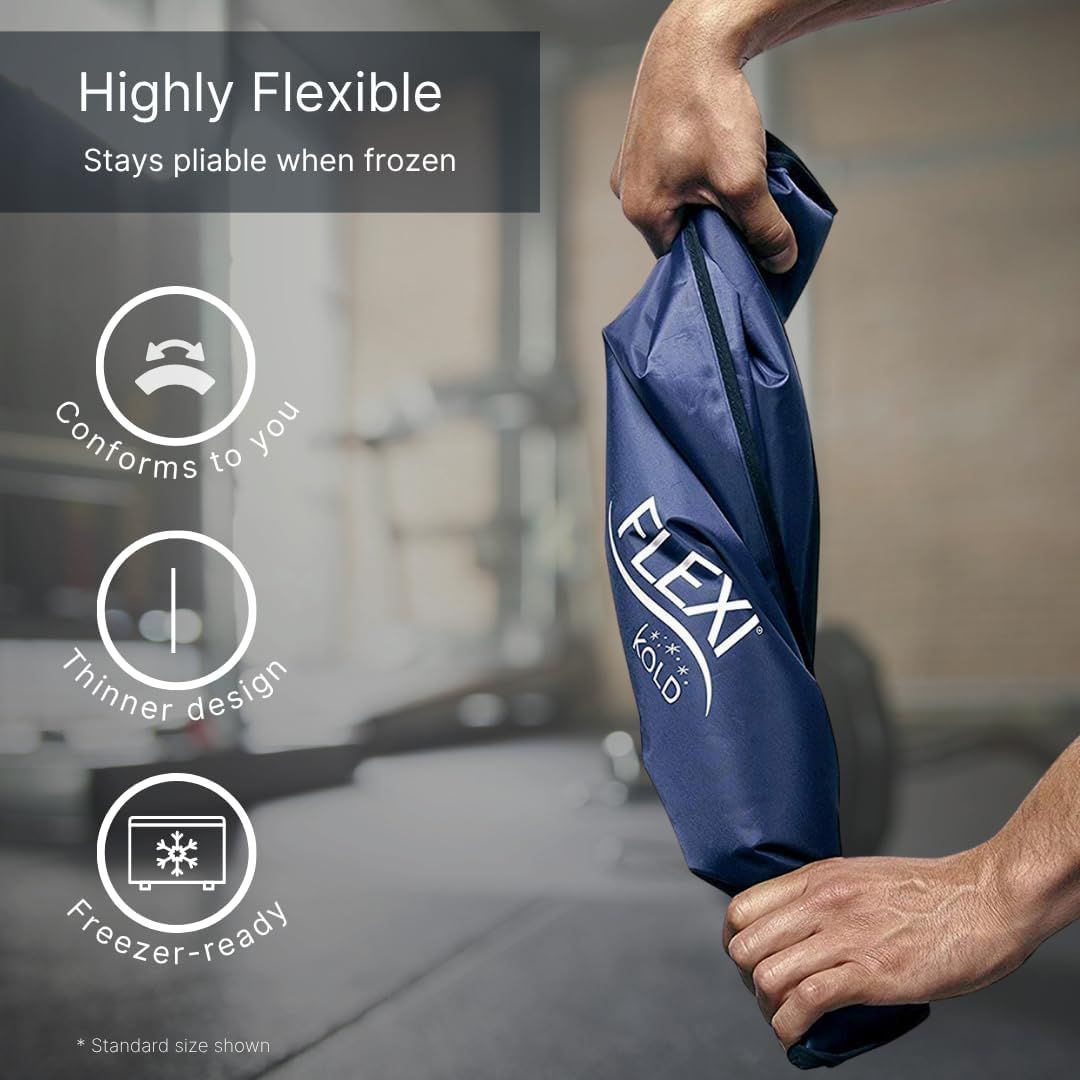 Communicates multiple distinct benefits of the ice pack through a segmented layout with icons, showing it stays flexible when frozen, conforms to body shape, has a thin profile, and is freezer-ready.